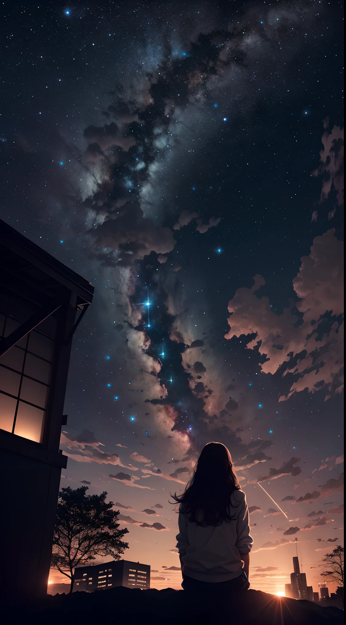 octans, sky, star (sky), scenery, starry sky, night, 1girl, night sky, solo, outdoors, building, cloud, milky way, sitting, tree, long hair, city, silhouette, cityscape