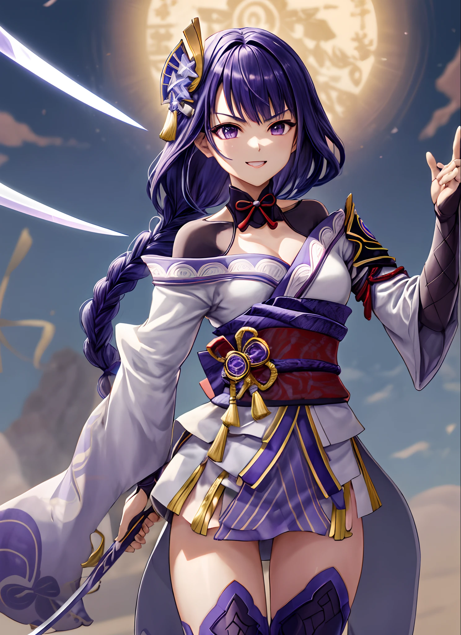 Raidenshogundef, parte superior do corpo, sorrir, corar, ao ar livre, dia, fundo simples, blue skies, cabelo longo, heaven, templo, olhando para o espectador, escadas, montanha, grumpy lighting, de frente para o espectador, Sorriso lindo, Kinematic, pose dinamica de batalha com katana, Katana in right hand, correct anatomine with katana in right hand, (Katana longa grande)