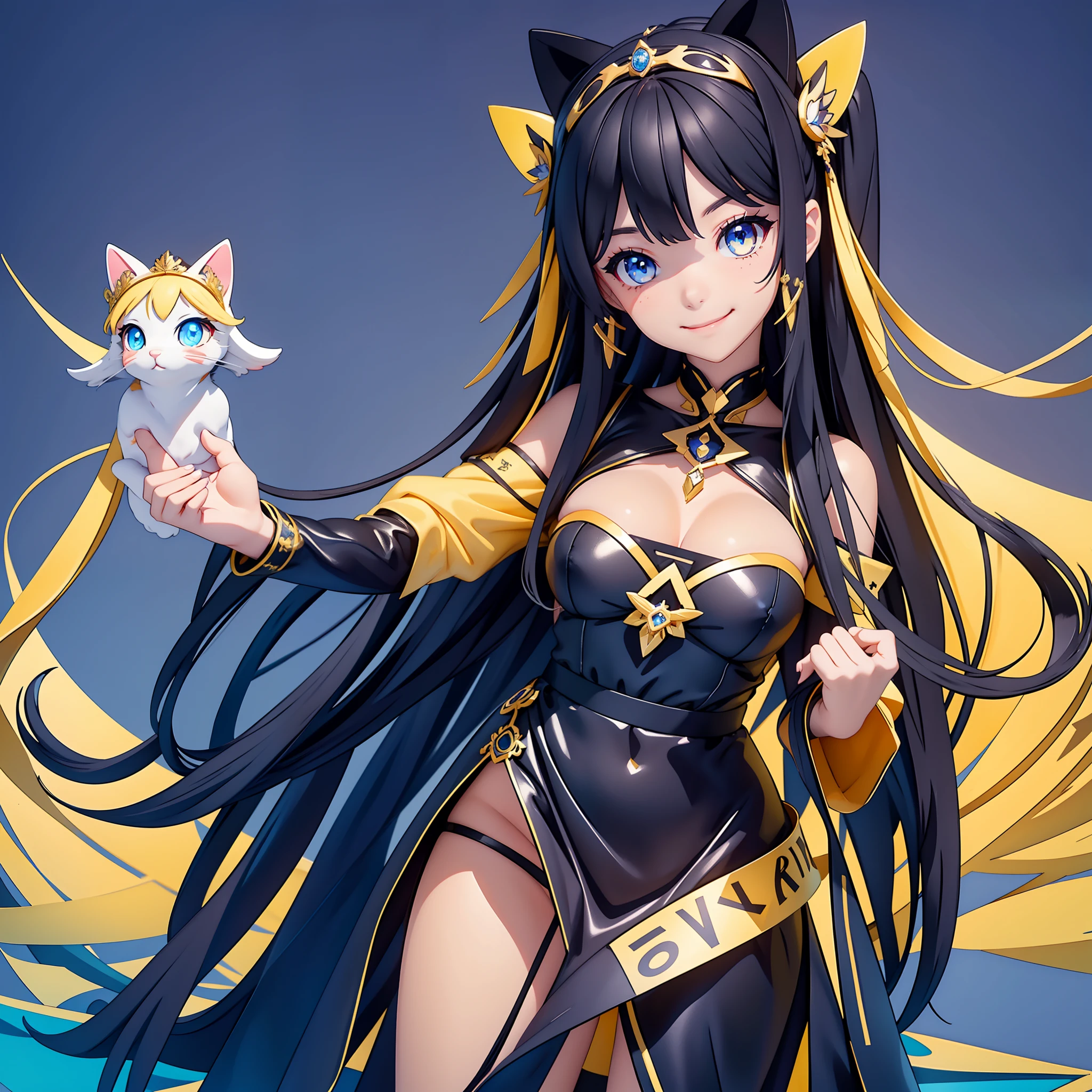 beautiful girl, with long black hair, she has Heterochromima eyes (blue/yellow), with a sweet smile, a very happy appearance, a black dress, with black and gold angel wings and a cat ear tiara, 8k