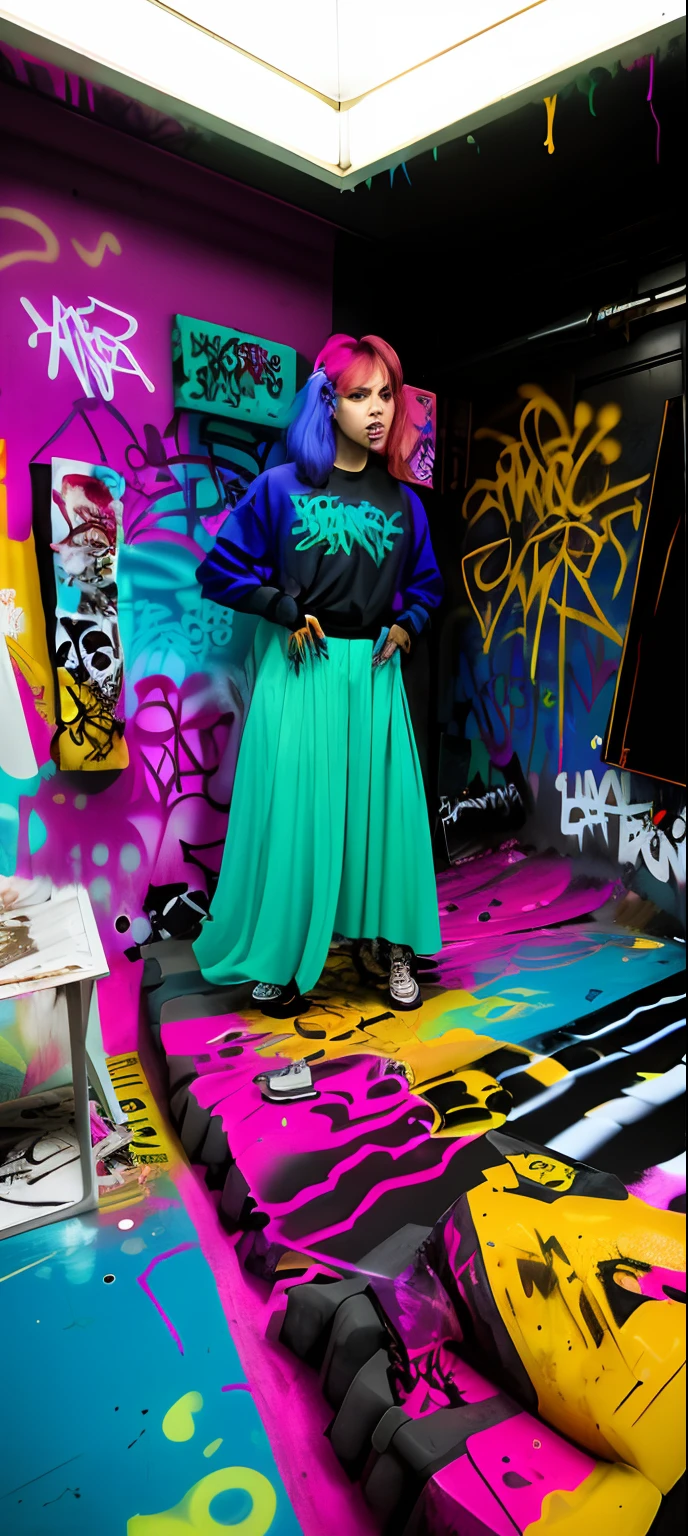 cerrar, Pintura colorida de la chica cyberpunk de pie, Gafas de sol, high heel shoes, Figura de reloj de arena perfecta, tetas enormes perfectas, (((Arte del graffiti) (por Carne Griffiths)))), Fondo de pared roja, Detalles locos, Detalles intrincados, hiperdetallado, bajo contraste, soft cinematic light, colores oscuros, exposure blending, HDR, frente, (neon light: 1.4), Parte superior del cuerpo, Piel detallada, ojos detallados, ojos realistas, 20 megapixel, Canon EOS R3, Piel detallada, Cara detallada, (TungstenoDispo:1.2), Foto RAW, Retrato de una mujer de negocios, (estilo de Flora Borsi), Colores brillantes y audaces, Corte de pelo azul mohawk, ((Flora Borsi)), DSLR, Dramatic lighting, alta calidad, Film grain, Fujifilm XT3, (Fuerte luz de fondo: 1.1), estilo (Espacio liminal), por Syd Mead, by André Kertsz, por Tadao Ando