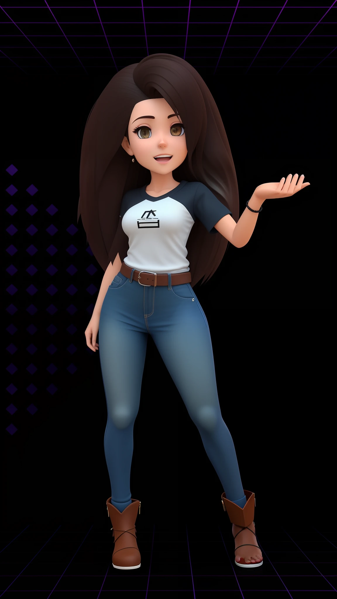 Mulher, estolo desenho animado (((olhos castanhos))), cabelos cacheados, camiseta preta, personagem estilizado, animation character, render 3d estilizado, personagem 3d, personagem altamente detalhado, anime estilizado, 3d estilizado, render personagem, modelo de personagem, corpo inteiro