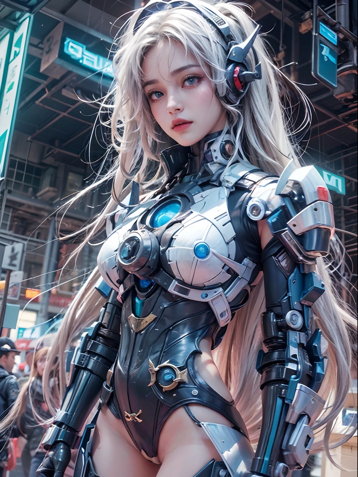 nsfw, 1girl, cyberpunk, mecha armor, mechanical, (masterpiece: 1.4), (8K, realistic, raw photo, best quality: 1.4), nipple areola shape clear, nude, Japanese girl, beautiful cute face, (real face: 1.4), perfect pussy, beautiful hairstyle, realistic blue eyes, beautiful detail eyes, (real skin: 1.3), beautiful skin, attractive, ultra high resolution, ultra realistic, off-sheller, night view, post apocalyptic world, cinematic lighting, white colored hair, long hair, twin ponytails, blue ribbons, weapon in hands, alien spaceship, futuristic fantasy, legs open, battle pose