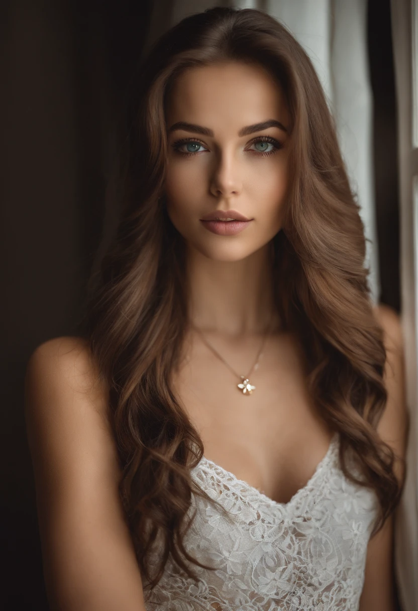 an unrealistically beautiful adult woman is standing in an alluring pose and looks straight into the camera with a gaze that makes you fall in love with her, in the style of Alyssa Monks, masterpiece, a variety of small details in the background, random, hyper detailed, trending on artstation, intricate details, highly detailed, highly detailed, digital painting, perfect result, HDR, illustration, very clear image, evocative, striking, Fluorescent light, Side angle perspective, perfect face, polished, glorious, seraphic, dreamy, astonishing, fabulous, captivating, pretty, mesmeric, elegant, magnificent, sublime, luscious, dreamy, Mysterious