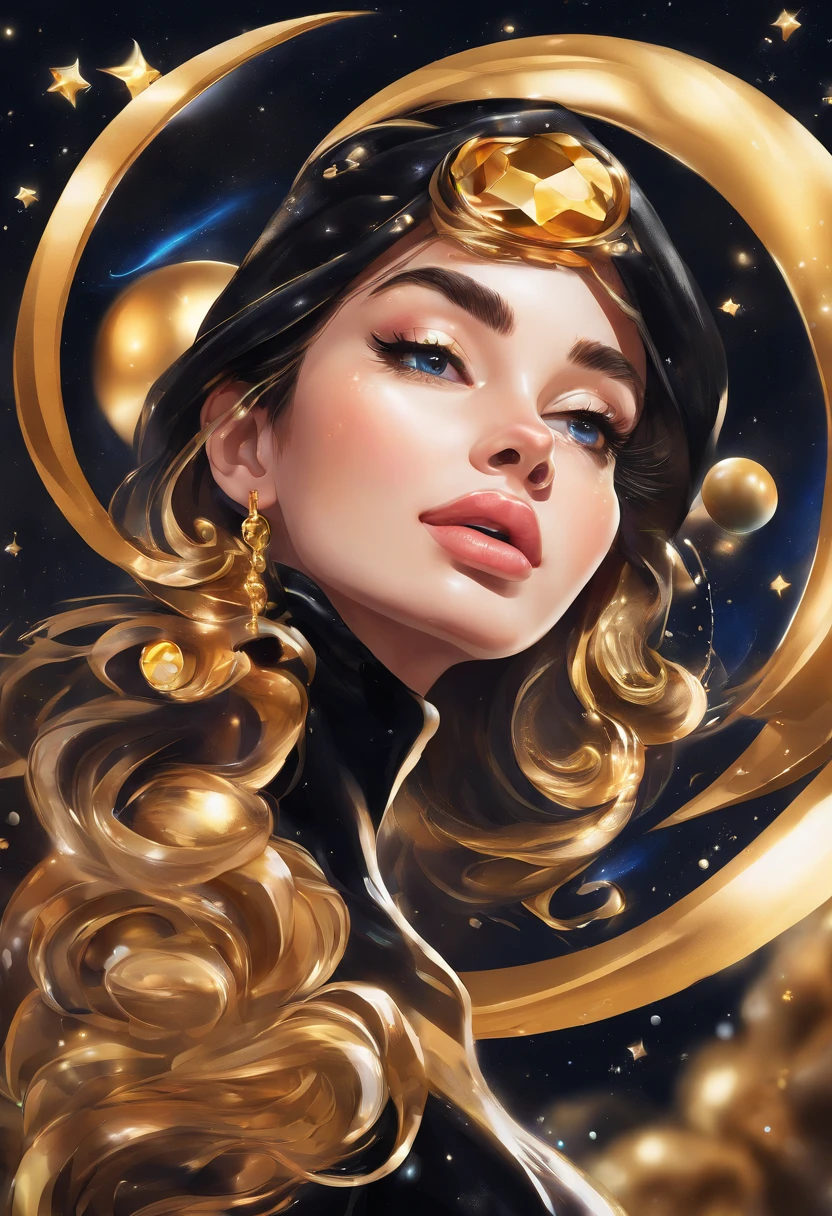 close-up of a young woman wearing a black dress and gold liquid, liquid gold with porpurine, shiny, pretty face, detailed eyes, soft lips, floating in outer space and planets in the background, fluid, wet, dripping, waxy, smooth, realistic , octane rendering