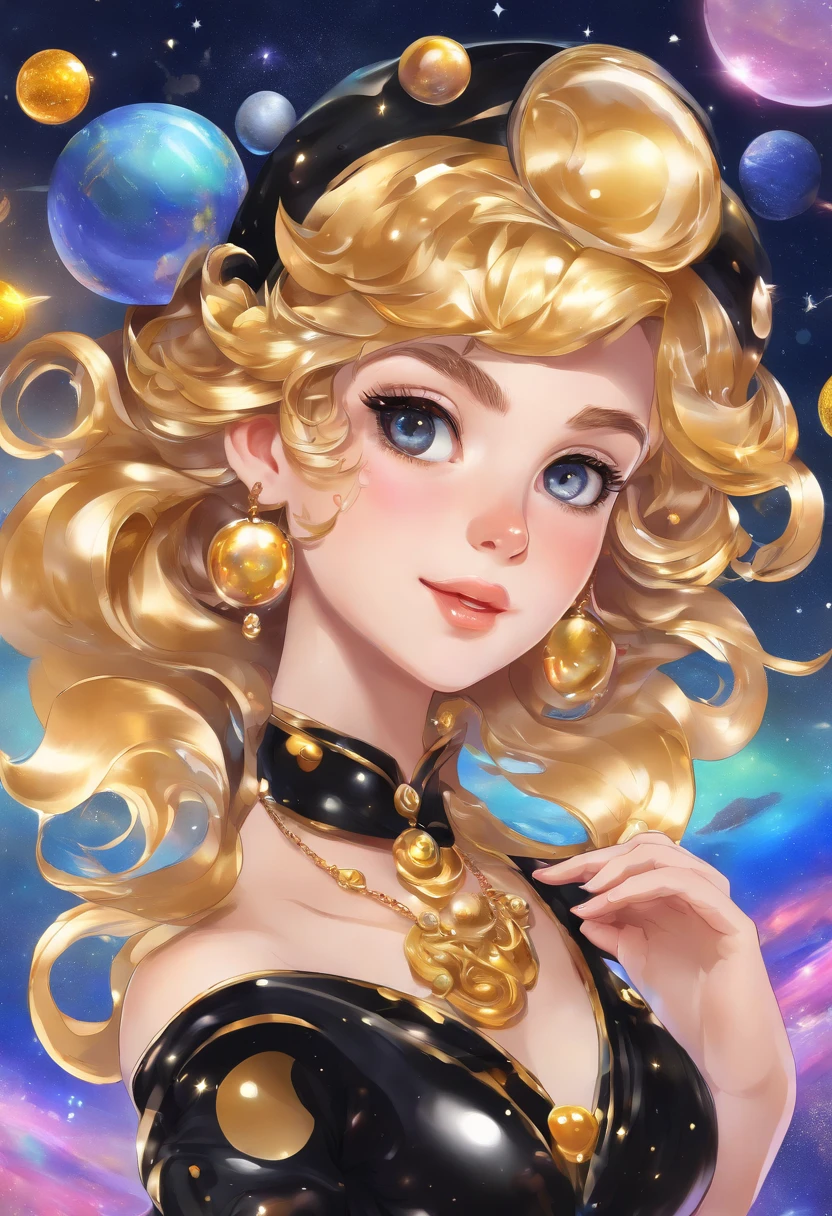 1girl, solo, beautiful detailed eyes, beautifully detailed lips, pale skin, delicate features, porcelain-like complexion, elegant pose, graceful posture, ethereal beauty, light and airy atmosphere, soft and subtle lighting, floating in the breeze, delicate, fine brushstrokes, realistic rendering, vibrant colors, dreamlike ambiance, soft painting style, a sense of tranquility, a masterpiece capturing the essence of purity and grace, gorgeous breasts, cleavage, NSFW, sexy, ((aesthetic blurry background)), (Style by NTY), breasts, looking at viewer, short hair, blue eyes, blonde hair, Sydney Sweeney ,cleavage, bare shoulders, collarbone, upper body, parted lips, Sydney Sweeney face, lips, curly hair, cropped torso, looking up, space, big breast, sparkle, glowing, black background, star, space, planet