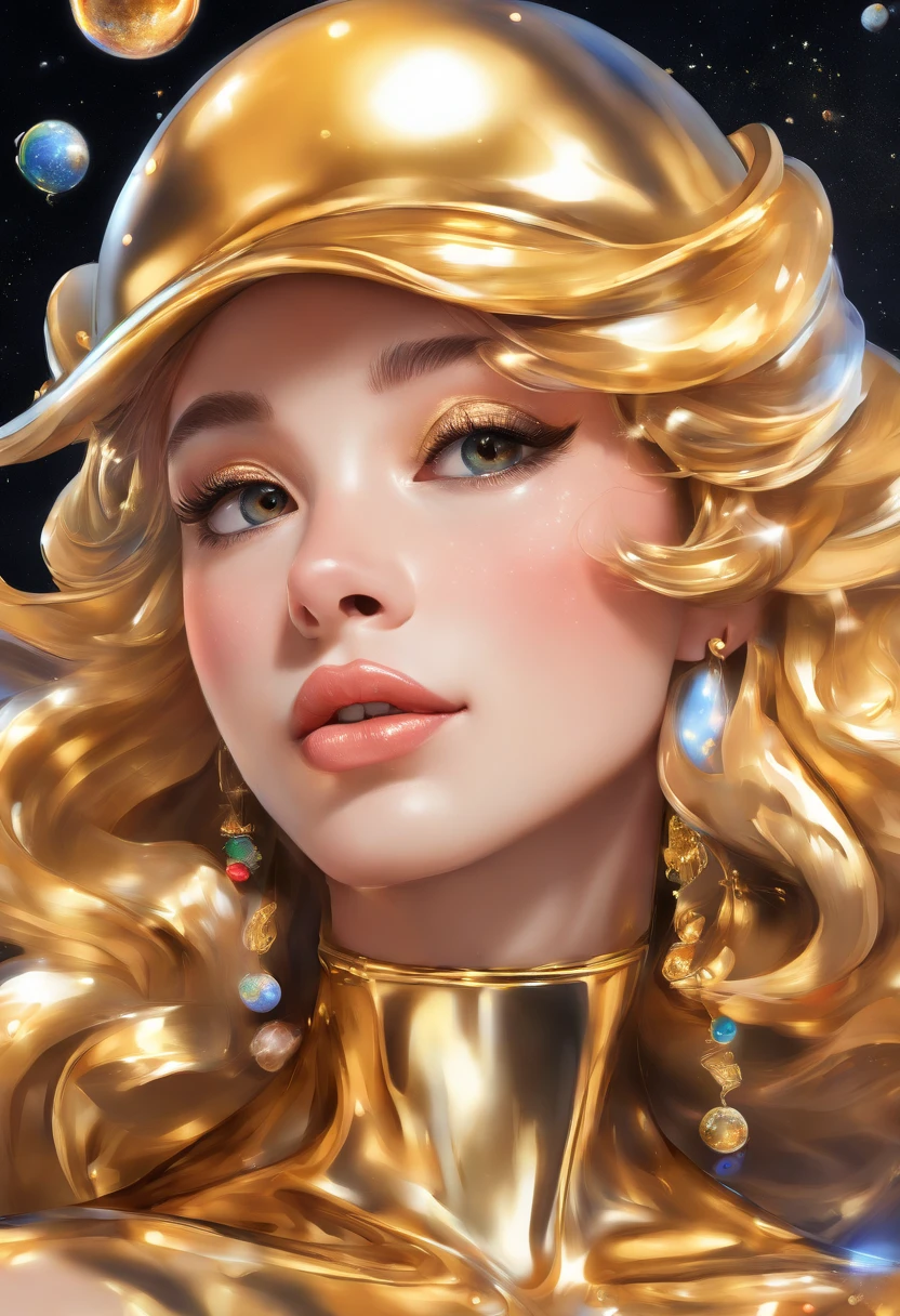 close-up of a young woman wearing a black dress and gold liquid, liquid gold with porpurine, shiny, pretty face, detailed eyes, soft lips, floating in outer space and planets in the background, fluid, wet, dripping, waxy, smooth, realistic , octane rendering