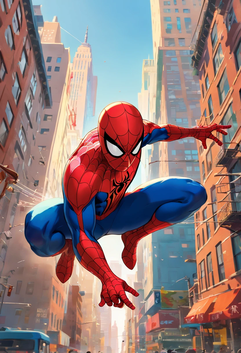 (best quality,highres,ultra-detailed,realistic:1.37), Spider-Man wearing a mask, detailed mask design, detailed facial expression, Spider-Man standing on top of a tall building in New York City, overlooking the cityscape, city skyline with iconic landmarks such as the Empire State Building and Statue of Liberty, dynamic and energetic pose, sunset lighting creating dramatic shadows and highlights, vibrant and vivid colors, comic book art style, web-like patterns in the background, contrasting light and dark tones, intense action atmosphere, heroic and determined expression, iconic red and blue Spider-Man suit, muscular physique, New York City streets bustling with people and cars, dynamic and fluid movement, sense of motion and velocity, strong and confident posture, hanging upside down from a web, swinging through the city, panning camera angle, sense of height and depth, urban environment, skyscrapers, Spider-Man's web-shooters, sense of adventure and excitement, spidey-sense tingling, graffiti and street art on the walls, realistic textures and materials, cinematic composition.