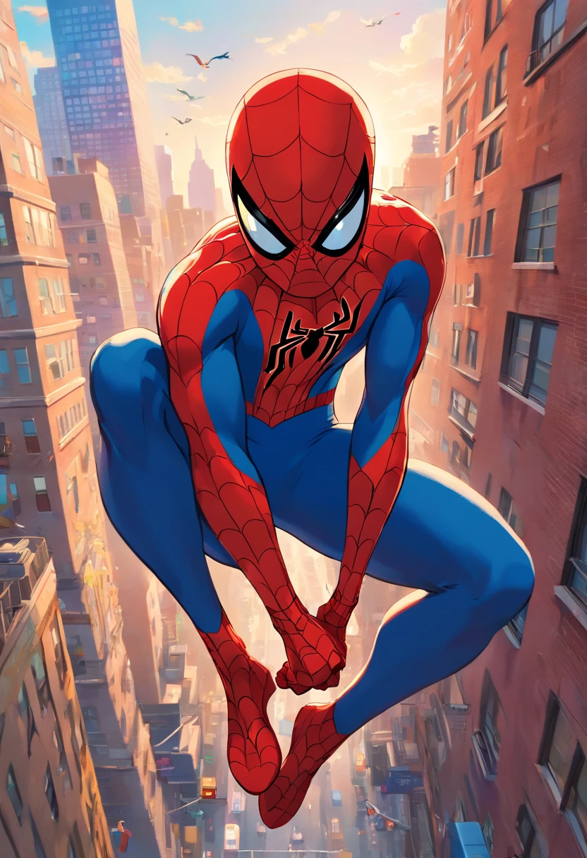 (best quality,highres,ultra-detailed,realistic:1.37), Spider-Man wearing a mask, detailed mask design, detailed facial expression, Spider-Man standing on top of a tall building in New York City, overlooking the cityscape, city skyline with iconic landmarks such as the Empire State Building and Statue of Liberty, dynamic and energetic pose, sunset lighting creating dramatic shadows and highlights, vibrant and vivid colors, comic book art style, web-like patterns in the background, contrasting light and dark tones, intense action atmosphere, heroic and determined expression, iconic red and blue Spider-Man suit, muscular physique, New York City streets bustling with people and cars, dynamic and fluid movement, sense of motion and velocity, strong and confident posture, hanging upside down from a web, swinging through the city, panning camera angle, sense of height and depth, urban environment, skyscrapers, Spider-Man's web-shooters, sense of adventure and excitement, spidey-sense tingling, graffiti and street art on the walls, realistic textures and materials, cinematic composition.