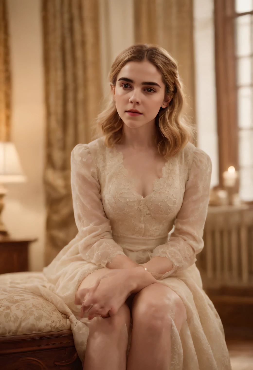 Kiernan shipka, posing nude kneling down legs open in victorian style bedroom
