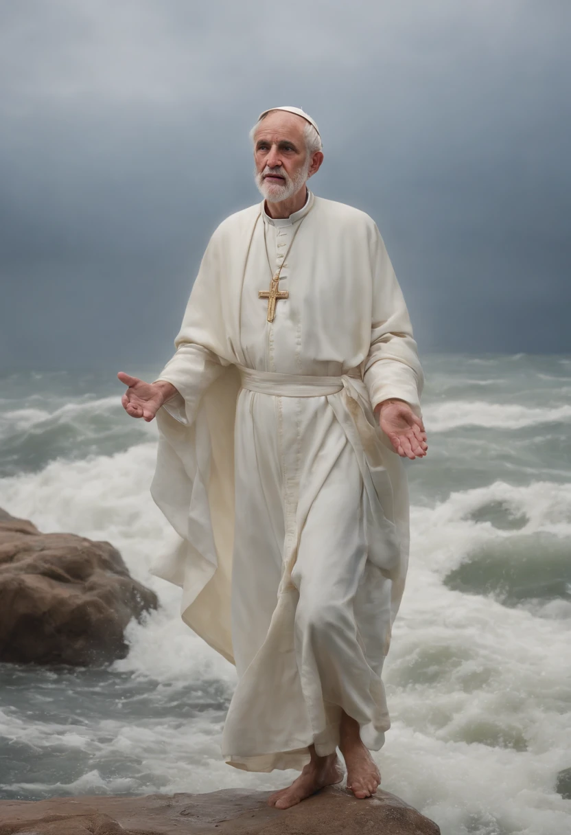 Desenho de um homem homem, Saint Peter, drowning in the Sea of Galilee and crying out for the help of Jesus Christ who soon reaches out with great compassion as he walks on water, arte bonita, pintura de bonito, beautiful depiction, Portrait of St. Peter, catholic religious art, Rosen Maiden, Sagrado e belo, com um fundo azul, Boregov, Obra-prima de Guweiz, arte sacra, Christian art, pintura religiosa