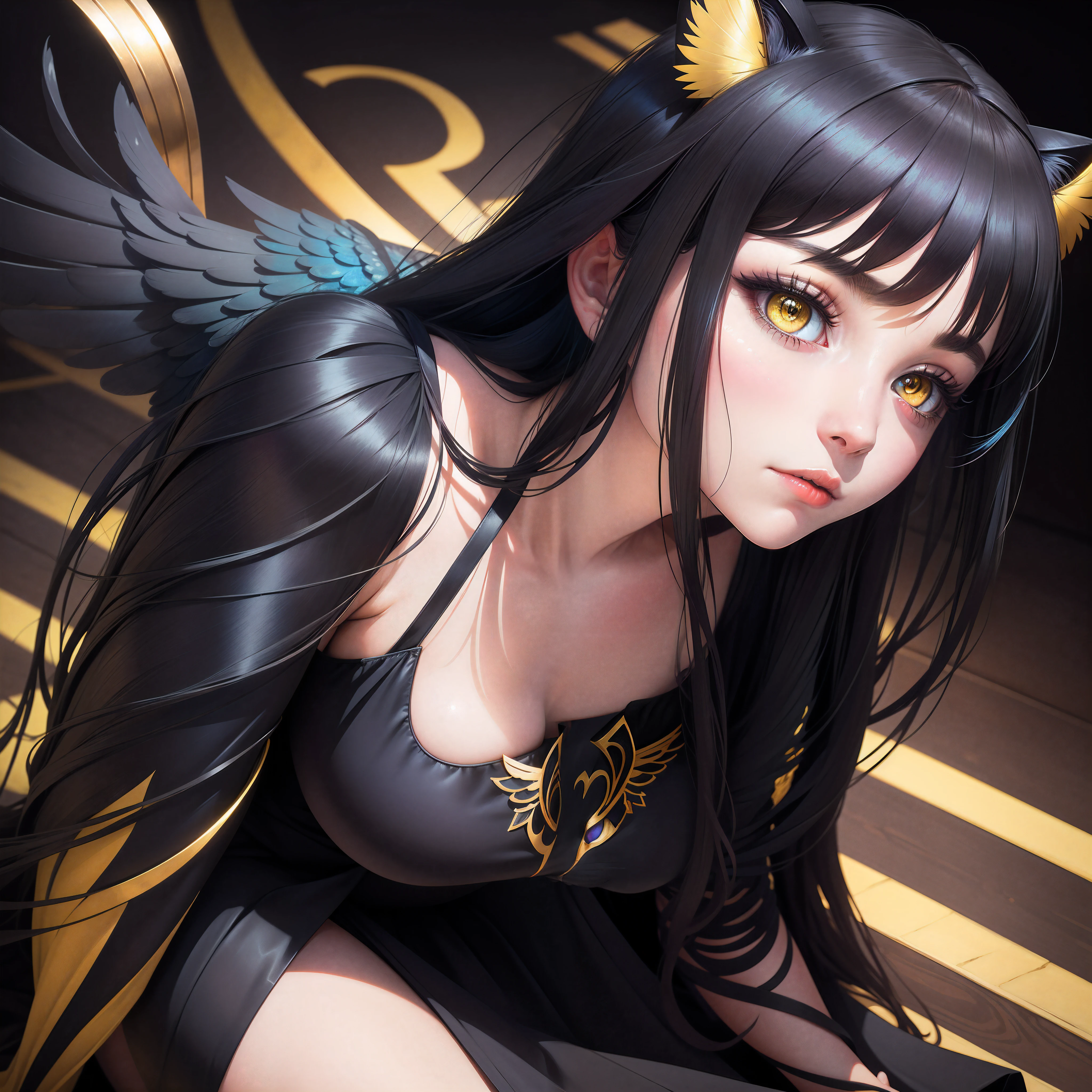 beautiful girl, with long black hair, heterochromatic eyes (blue/yellow), no smile, very sad appearance, black dress, looking down, with black and gold angel wings and a cat ear tiara, bright colors (at the bottom written "Prisma")