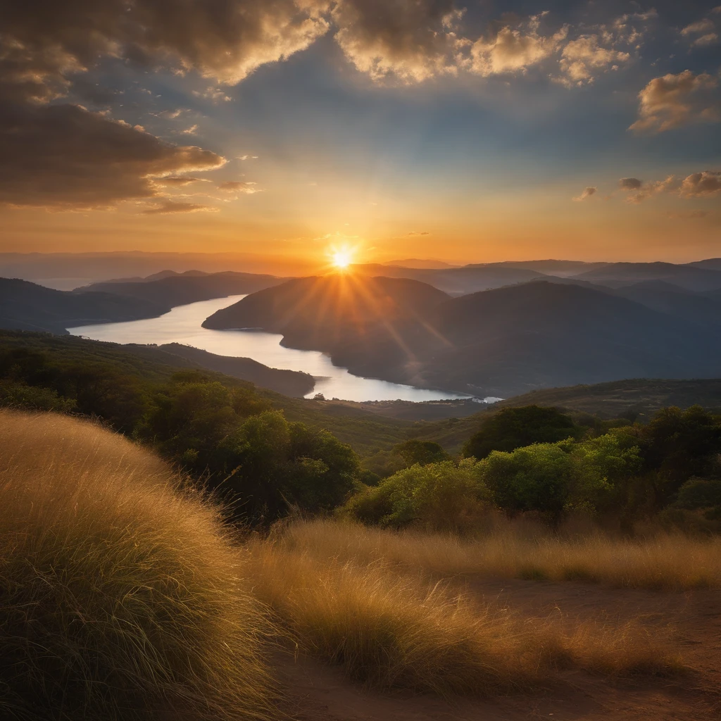 a panoramic view, luz dourada quente, A godly person raised his hand in prayer, Angel descending from heaven with a radiant aura, Peaceful countryside at sunset, 4k, NFFSW, -AR 2.35:1, The sun's rays through the clouds, Foco suave, wind gently swaying tall grass, Colinas ondulantes ao longe com uma antiga capela de pedra, Pomba voando com luz rasteira, O brilho da energia divina em torno dos anjos, Fluttering lobes and feathers on the wings, A look of reverence and gratitude to those who pray, A sparkling river reflecting the color of the sky, uma humilde cruz de madeira nas proximidades, An atmosphere of peace and miraculous existence, Cores brilhantes com brilho sonhador, Ethereal notes floating in the air, Timeless sense and spiritual connection, A series of blessings gently poured out from on high, Turn the pages in the breeze and open the Bible, On-screen text overlay with scripture quotations, Humor comovente e comovente, Images based on religion or belief.