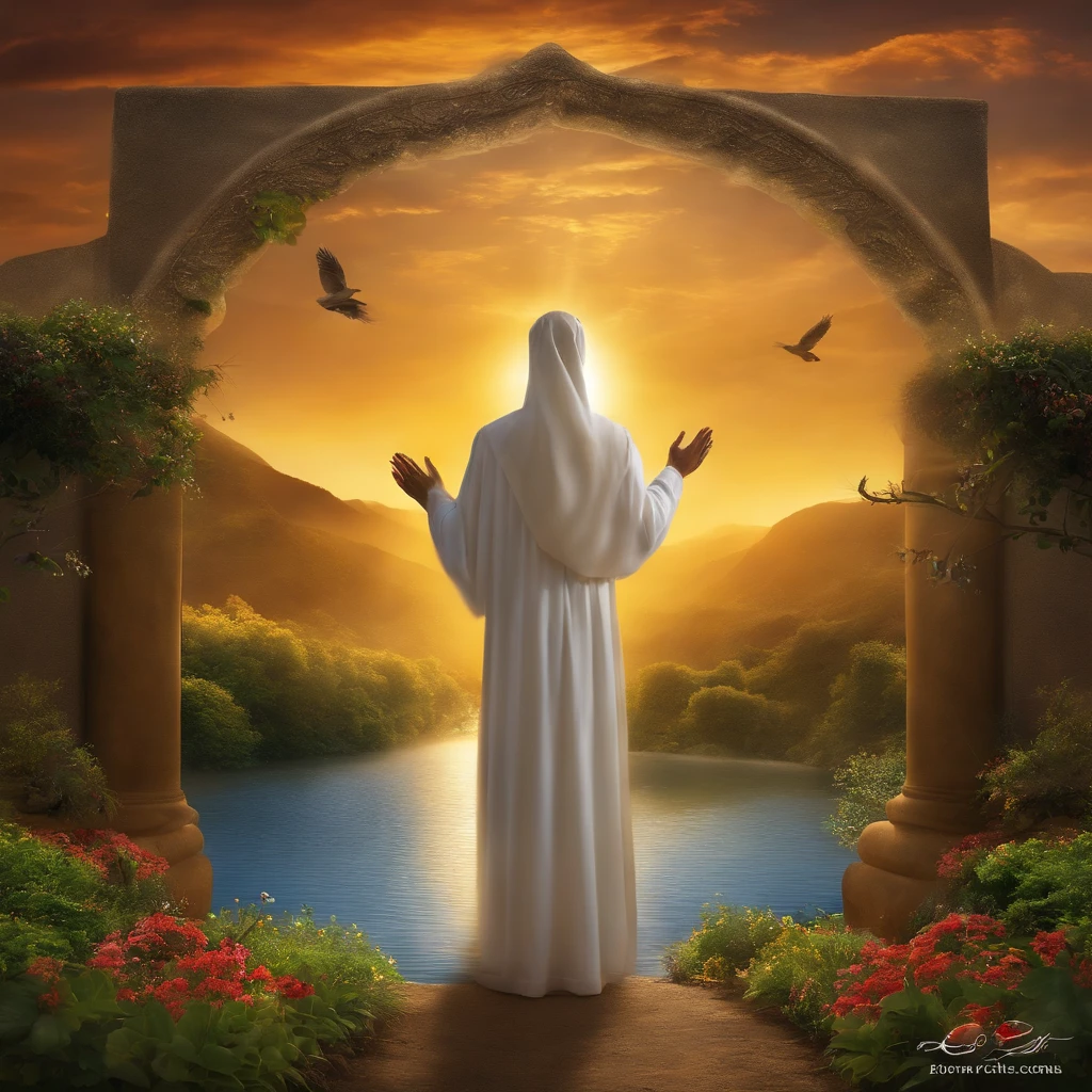 a panoramic view, luz dourada quente, A godly person raised his hand in prayer, Angel descending from heaven with a radiant aura, Peaceful countryside at sunset, 4k, NFFSW, -AR 2.35:1, The sun's rays through the clouds, Foco suave, wind gently swaying tall grass, Colinas ondulantes ao longe com uma antiga capela de pedra, Pomba voando com luz rasteira, O brilho da energia divina em torno dos anjos, Fluttering lobes and feathers on the wings, A look of reverence and gratitude to those who pray, A sparkling river reflecting the color of the sky, uma humilde cruz de madeira nas proximidades, An atmosphere of peace and miraculous existence, Cores brilhantes com brilho sonhador, Ethereal notes floating in the air, Timeless sense and spiritual connection, A series of blessings gently poured out from on high, Turn the pages in the breeze and open the Bible, On-screen text overlay with scripture quotations, Humor comovente e comovente, Images based on religion or belief.