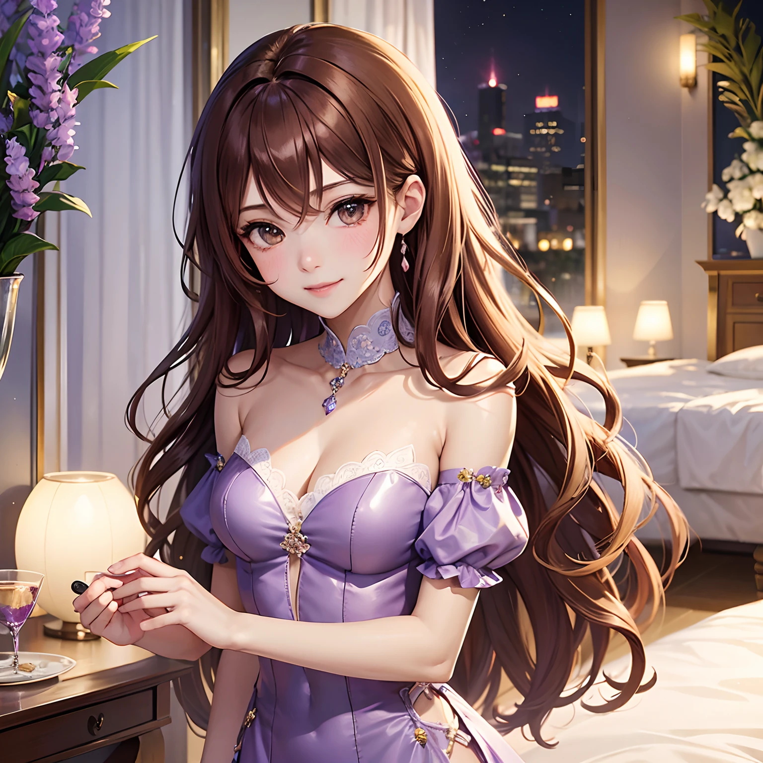 ((Highest quality)), ((masterpiece)), (detailed), Perfect Face, ((Highest quality, 8K, masterpiece: 1.3)), Sharp focus Beautiful woman with perfect body, Slim abdomen, Highly detailed face and skin texture, Fine grain, double eyelid, Brown Hair, Low Twin Blade, Hair Flowers, Heart Earrings, From behind, Captivating smile, Seductive pose, Bedroom, Dimly lit room, Purple lighting