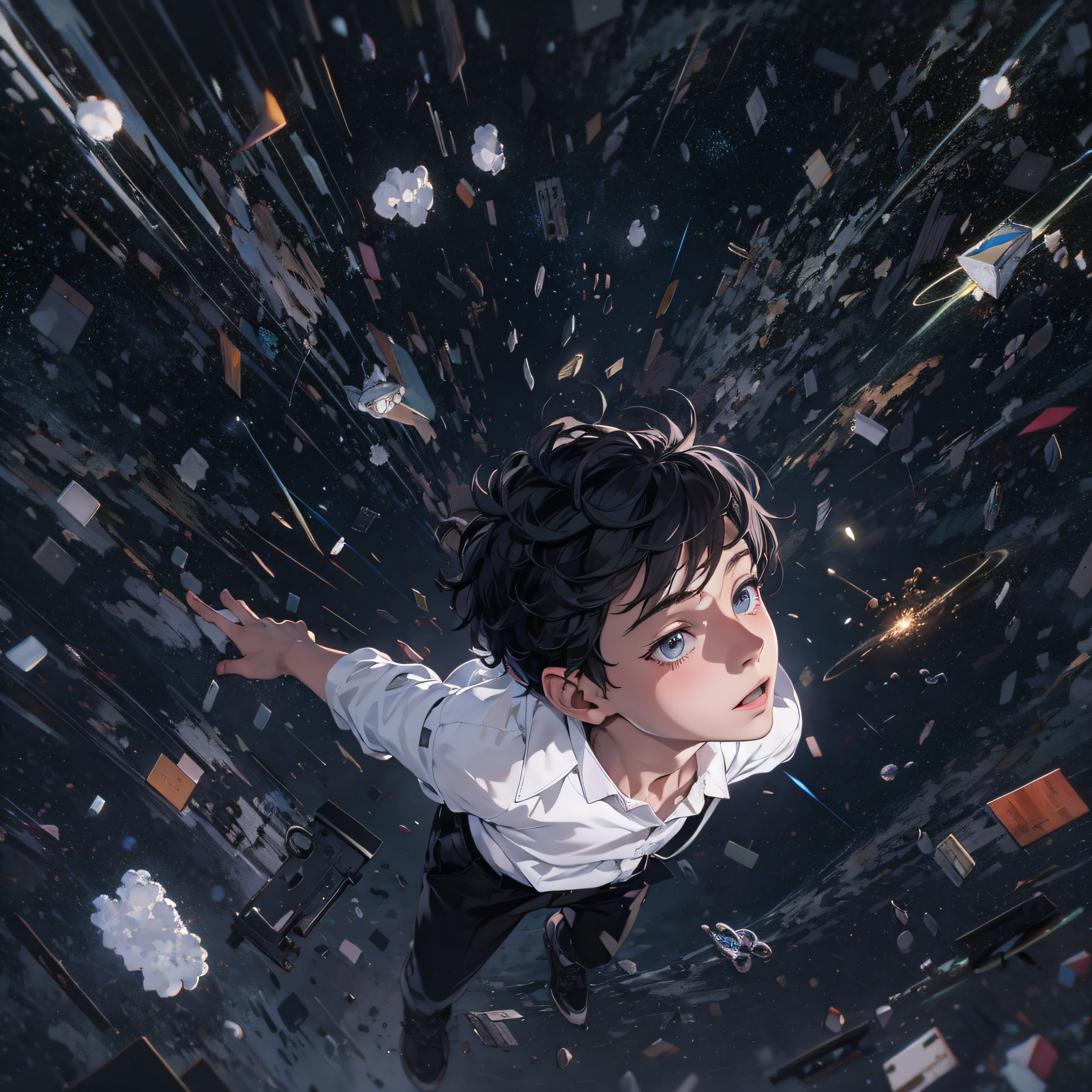 ridiculous resolution, high resolution, (masterpiece:1.4), super detailed, 1boy, white shirt, black jacket, seen from above, space, floating, comets --v 6