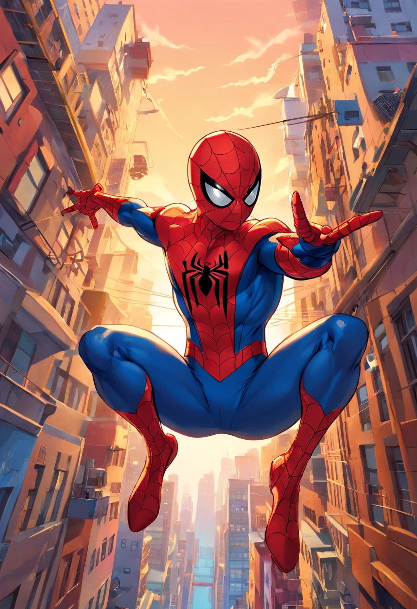 (best quality,Altas,ultra-detalhado,Realistic:1.37), Spider-Man wearing a mask, Detailed mask design, detailed face expression, Spider-Man on top of a tall building in New York, com vista para a paisagem urbana, City skyline with iconic landmarks, such as the Empire State Building and the Statue of Liberty, dynamic and energetic pose, Sunset lighting creating dramatic shadows and highlights, cores vibrantes e vivas, estilo de arte em quadrinhos, web-like patterns in the background, tons claros e escuros contrastantes, atmosphere of intense action, heroic and determined expression, iconic red and blue Spider-Man costume, muscular physique, Ruas de Nova York cheias de pessoas e carros, dynamic and fluid movement, senso de movimento e velocidade, postura forte e confiante, hanging upside down from a web, Balance by the city, Panoramic camera angle, Sense of height and depth, ambiente urbano, skyscrapers, Os atiradores de teia do Homem-Aranha, Sense of adventure and excitement, formigamento picante, Grafite e arte de rua nas paredes, texturas e materiais realistas, cinematic composition.
