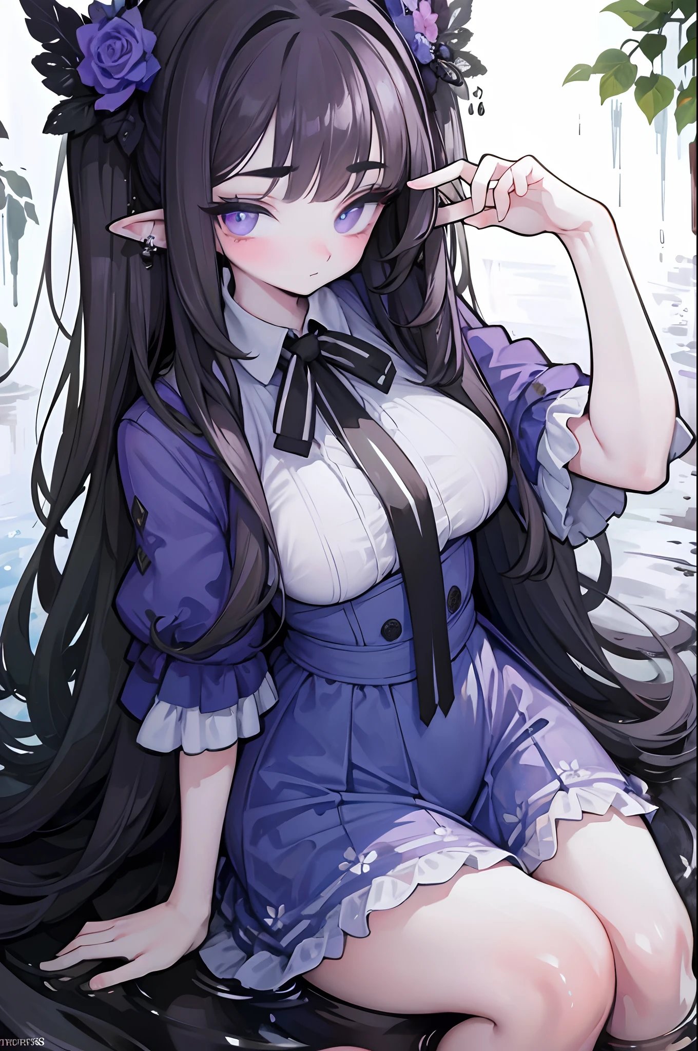 Original Character, Volumetric Lighting, Best Shadows, Shallow Depth of Field, Close Up Of Stunningly Beautiful Girl, Petite, Wide Hips, Thick Thighs, Slight Chubby, Small body, Delicate Beautiful Attractive Face With Alluring Purple Eyes, Sharp Eyebrows, Half Open Eyes, Elf ears, Cute Smile, Lovely Big Breasts, Layered Long Dark Hair With Ribbon Tied To A Part Of Hair On The Side, Blunt Bangs, Long Straight Hair, Pale Skin, Ear Piercings, Blush Eyeshadow, Thick Eyelashes, Long eyelashes, Slim Waist, White Lace Princess Dress, (Garden Background:1.1) , Sitting Down, Sitting in Stream of water, Posing, (Highest Quality, Amazing Details:1.25), (Solo:1.3), Brilliant Colorful Paintings, Looking At Viewer