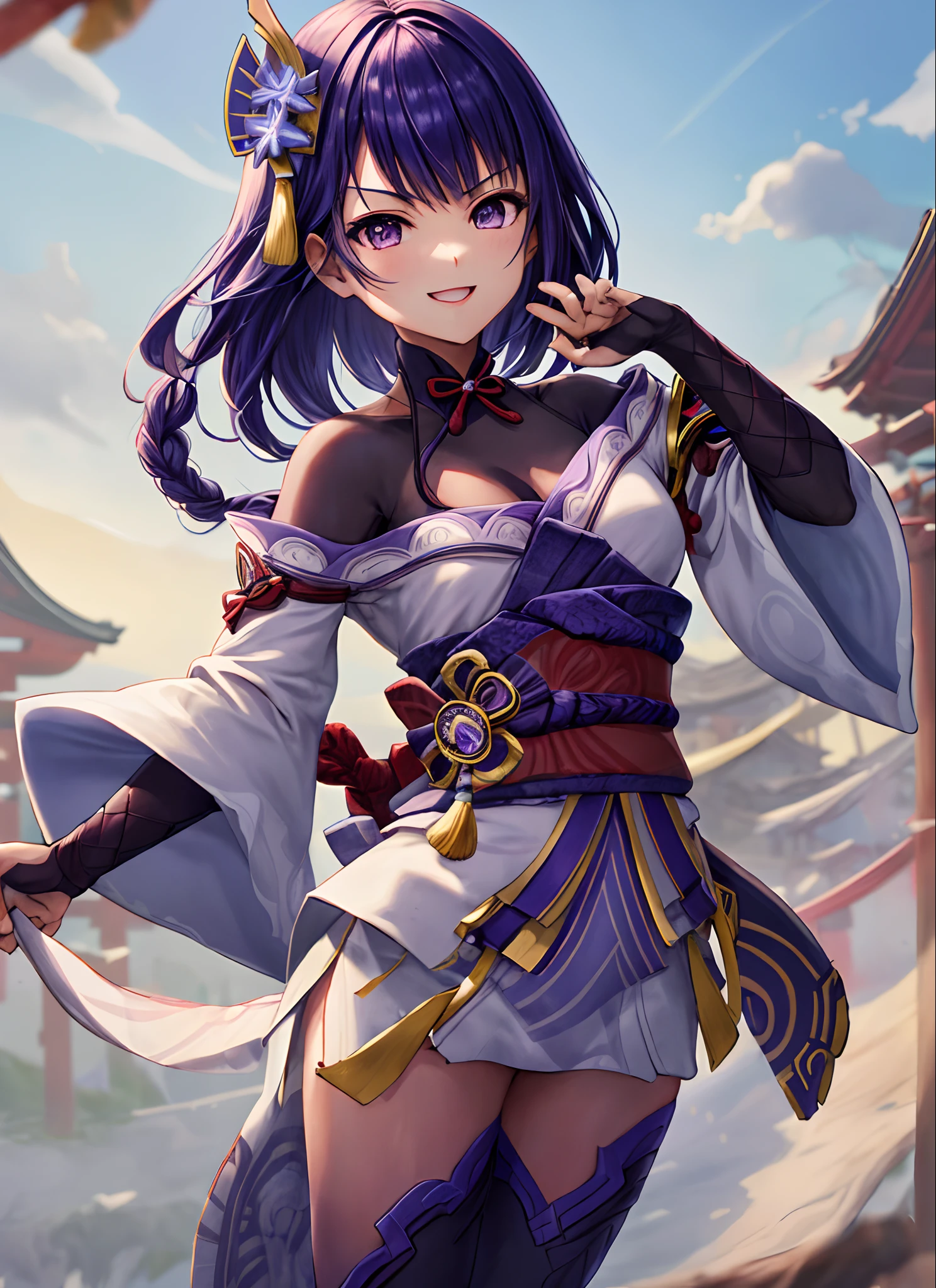 raidenshogundef, parte superior do corpo, sorriso, blush, ao ar livre, dia, fundo simples, blue skies, cabelo longo, heaven, templo, olhando para o espectador, escadas, montanha, grumpy lighting, de frente para o espectador, sorriso lindo, cinematico, pose dinamica de batalha com katana, Katana in right hand, correct anatomine with katana in right hand