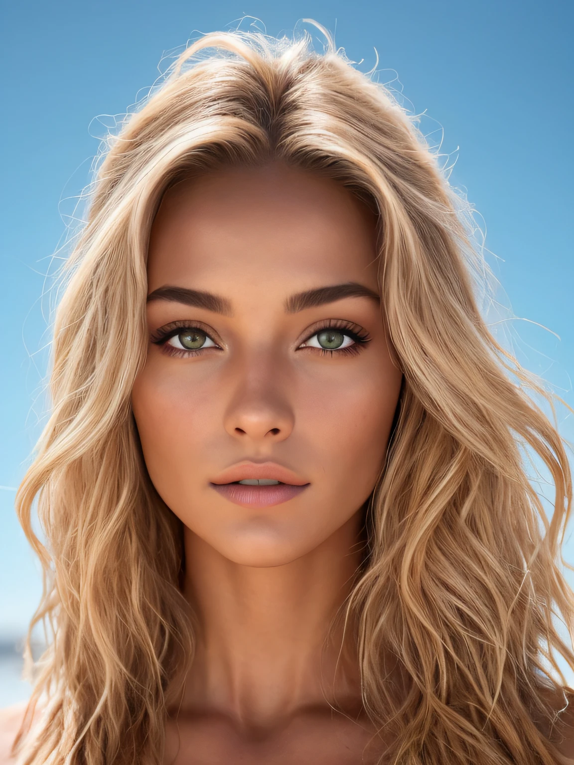 Um retrato fotorrealista de uma supermodelo brasileira bronzeada incrivelmente bonita com maquiagem leve, foto para a capa de uma revista de moda, olhos de mel extremamente detalhados, detailed symmetric realistic face, textura natural extremamente detalhada, peach fluff, windy messy hair, sexy, master part, absurdos, Foto premiada por Lee Jeffries, Nikon D850 Filme Fotografia Stock, kodak portra 400 camera f1.6 lentes, extremamente detalhado, Amazing, detalhes finos, cores ricas, textura realista hiper realista, dramatic lighting, UnrealEngine, trending on ArtStation, cinestill 800 tungsten, Looking at the Viewer, foto realista, Foto RAW, TanvirTamim, alta qualidade, Altas, foco nítido, extremamente detalhado, Cinematic lighting, 8k UHD,-imaginar-