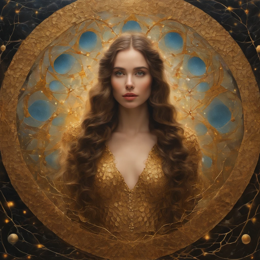 Beautiful symmetrical full body photo with oil painting，With thick brushstrokes and wet paint，Fibonacci，the golden ratio，Melted wax，Visible brush strokes，surrounded by crystal spheres，3D mosaic wireframe，Neurographics，neurons，colours，Loves，intense emotion，oil on the canvas，Thick brushstrokes，insanely details，8k uhd，tmasterpiece，art  stations，ultra-realistic realism，Van Gogh Starry Sky