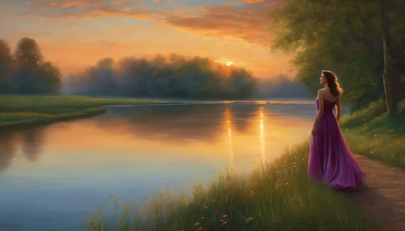 painting of a woman in a long dress walking in a lake, romantic painting, she is walking on a river, beautiful painting, beautiful art uhd 4 k, inspired by Evgeny Lushpin, beautiful maiden, gorgeous painting, painting of beautiful, a beautiful painting, twilight ; digital oil painting, beautiful digital artwork, elegant digital painting, stunning painting, serene evening atmosphere