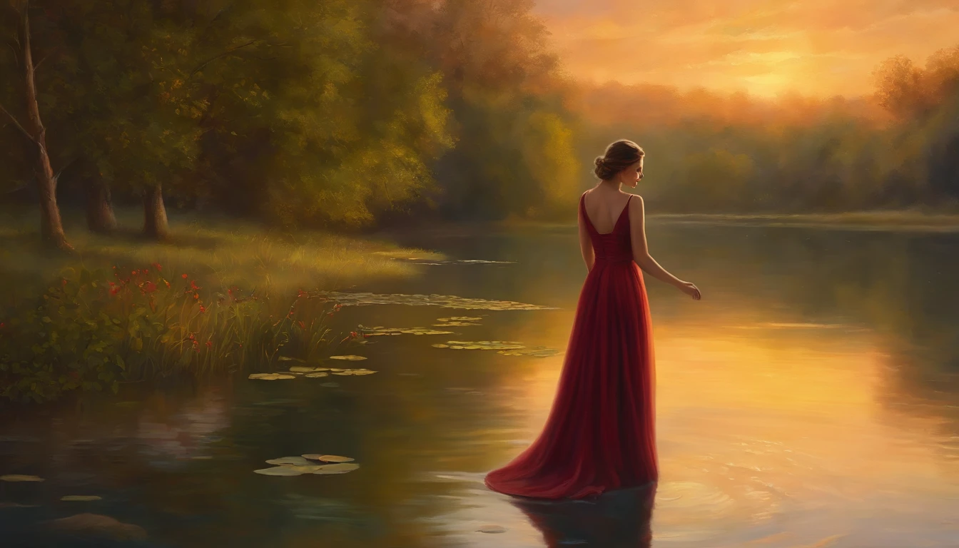 painting of a woman in a long dress walking in a lake, romantic painting, she is walking on a river, beautiful painting, beautiful art uhd 4 k, inspired by Evgeny Lushpin, beautiful maiden, gorgeous painting, painting of beautiful, a beautiful painting, twilight ; digital oil painting, beautiful digital artwork, elegant digital painting, stunning painting, serene evening atmosphere