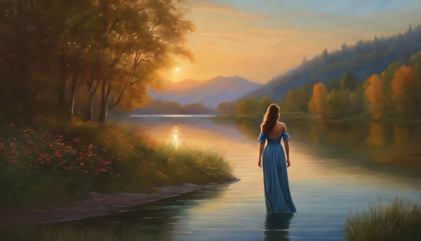 painting of a woman in a long dress walking in a lake, romantic painting, she is walking on a river, beautiful painting, beautiful art uhd 4 k, inspired by Evgeny Lushpin, beautiful maiden, gorgeous painting, painting of beautiful, a beautiful painting, twilight ; digital oil painting, beautiful digital artwork, elegant digital painting, stunning painting, serene evening atmosphere