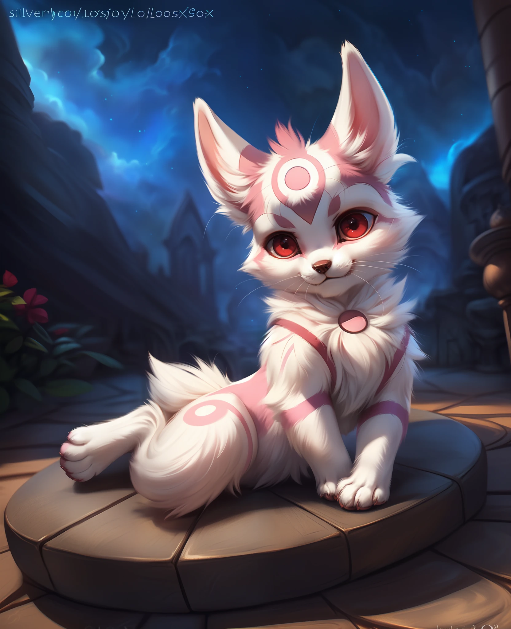 uploaded on e621, ((by Lostgoose, by Silverfox5213, by Joaqun Sorolla)), solo (((wildlife feral))) (((Kyubey))) with ((white and pink body)) and ((clear dark red eyes)), BREAK, and (((long white ears))), ((half-length portrait)),, (detailed feral Kyubey), (detailed lighting), ((detailed latex fur)), BREAK, (((lying at monastery with nebula on night))), (cinematic lighting), ((detailed background)), ((depth of field)), (half body shadow), ((sunlight)), (looking at viewer), (high-angle view), ((front view)), [backlighting], [detailed ambient light], [gray natural lighting], [ambient light on the belly], [realistic proportions],  [sharp focus],  (shaded), (hi res), ((masterpiece)),