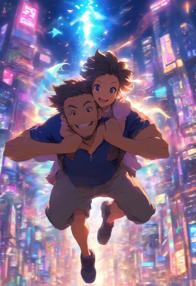 Father and daughter on good terms, girl riding on father's shoulders, happy, smile, cutecore, deformed ,style cute