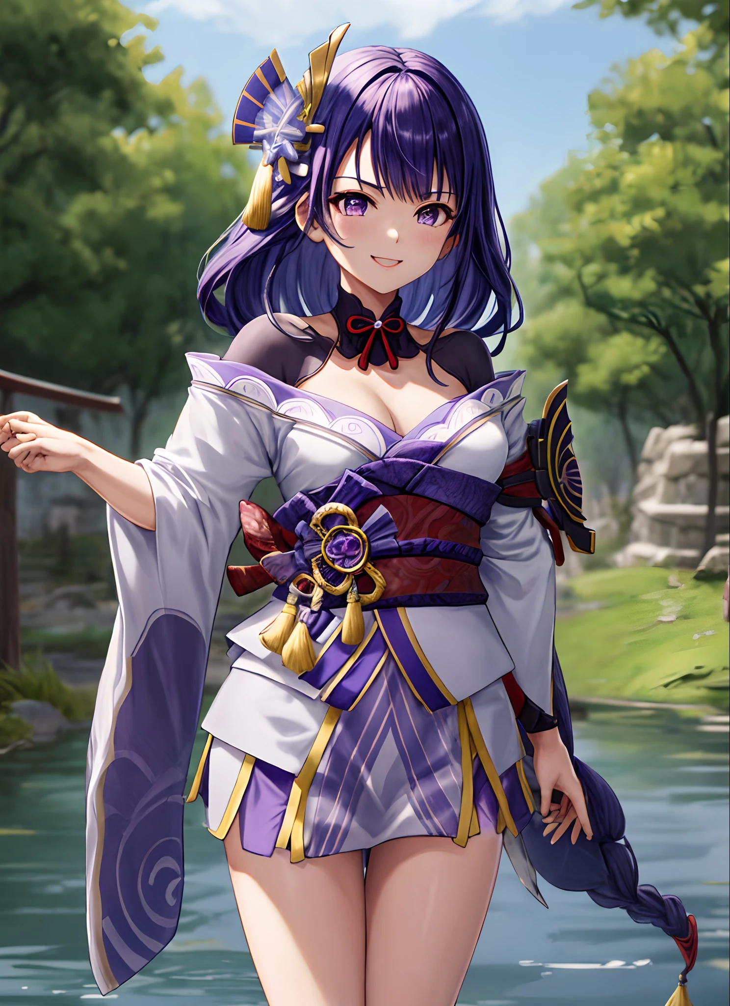 raidenshogundef, parte superior do corpo, sorriso, blush, ao ar livre, dia, fundo simples, blue skies, cabelo longo, heaven, templo, olhando para o espectador, escadas, montanha, grumpy lighting, de frente para o espectador, sorriso lindo, cinematico, pose dinamica de batalha com katana