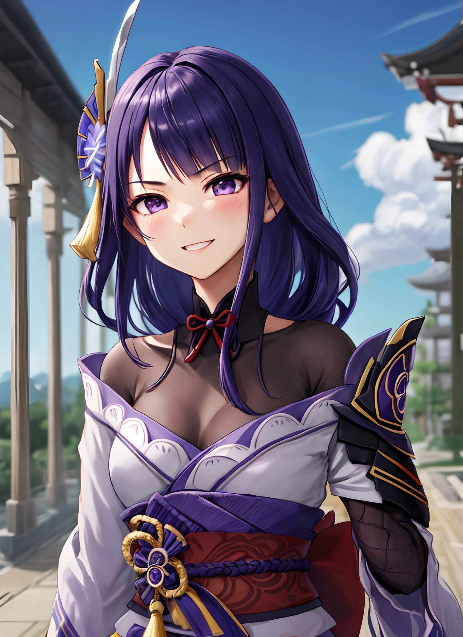 <lora:raidenshogun1-000009:1>, raidenshogundef, upper body, smile, blush, outdoors, day, simple background, blue sky, short hair, sky, temple, looking at viewer, stairs, mountain, moody lighting, facing viewer,