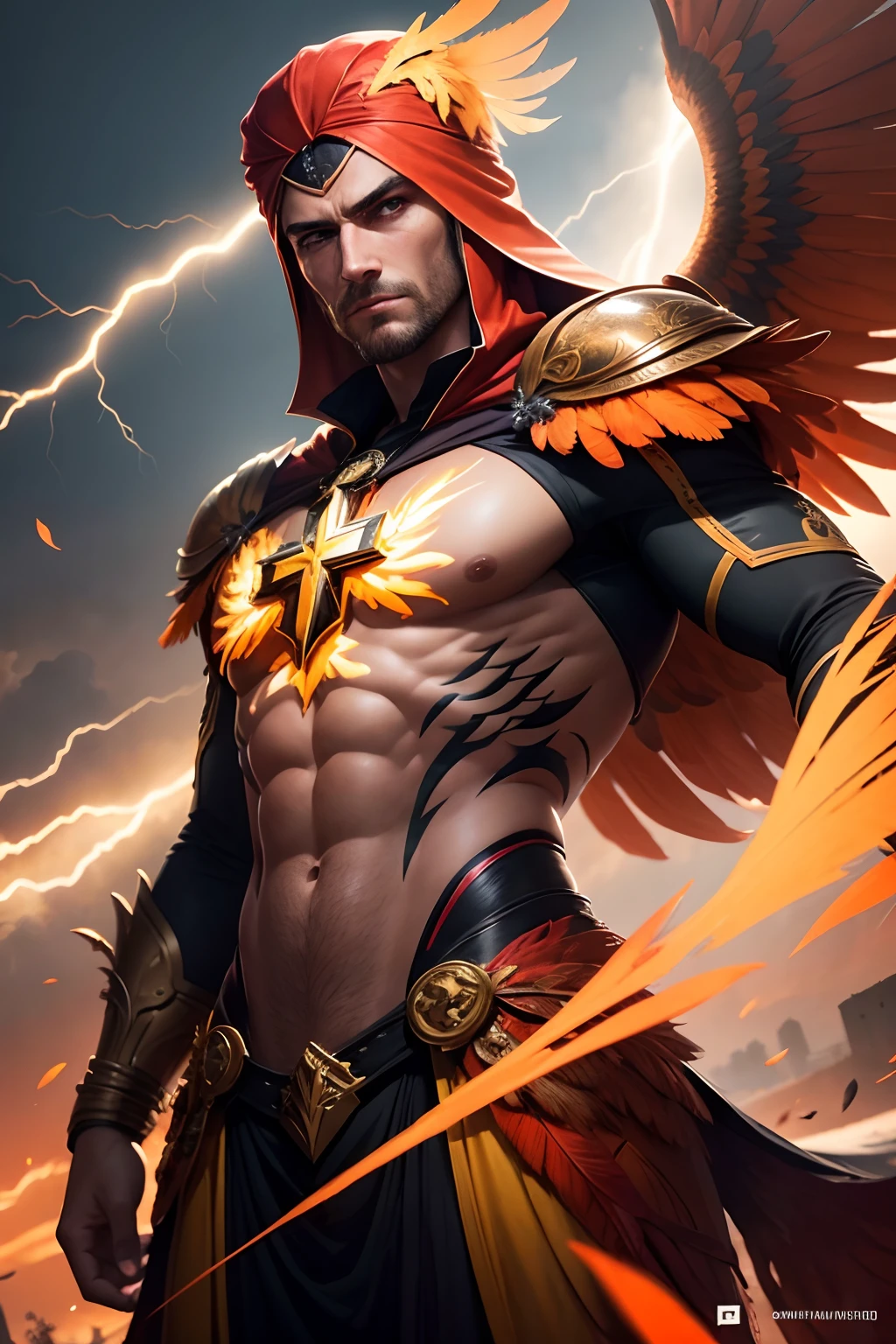 Man with large white feather wings on his back, large wings, Jamie Dornan, eyes of light, wearing a short black beard, wearing a Golden Crown, focus on the details of the face, rays coming out, serious and attractive man, shirtless, showing his chest , magical and real effect, film cover, with magical light explosions, powerful celestial warrior, similar to actor Jamie Dornan, orange magical sky image background, (8k, RAW photo, best quality, masterpiece: 1.2), (realistic, photorealistic: 1.37), professional lighting.