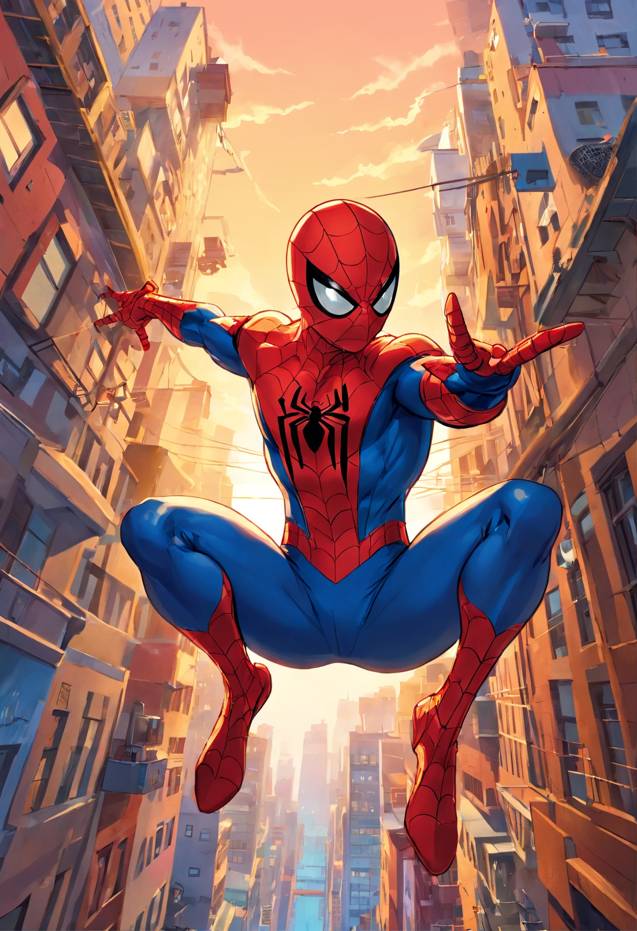 (best quality,Altas,ultra-detalhado,Realistic:1.37), Spider-Man wearing a mask, Detailed mask design, detailed face expression, Spider-Man on top of a tall building in New York, com vista para a paisagem urbana, City skyline with iconic landmarks, such as the Empire State Building and the Statue of Liberty, dynamic and energetic pose, Sunset lighting creating dramatic shadows and highlights, cores vibrantes e vivas, estilo de arte em quadrinhos, web-like patterns in the background, tons claros e escuros contrastantes, atmosphere of intense action, heroic and determined expression, iconic red and blue Spider-Man costume, muscular physique, Ruas de Nova York cheias de pessoas e carros, dynamic and fluid movement, senso de movimento e velocidade, postura forte e confiante, hanging upside down from a web, Balance by the city, Panoramic camera angle, Sense of height and depth, ambiente urbano, skyscrapers, Os atiradores de teia do Homem-Aranha, Sense of adventure and excitement, formigamento picante, Grafite e arte de rua nas paredes, texturas e materiais realistas, cinematic composition.