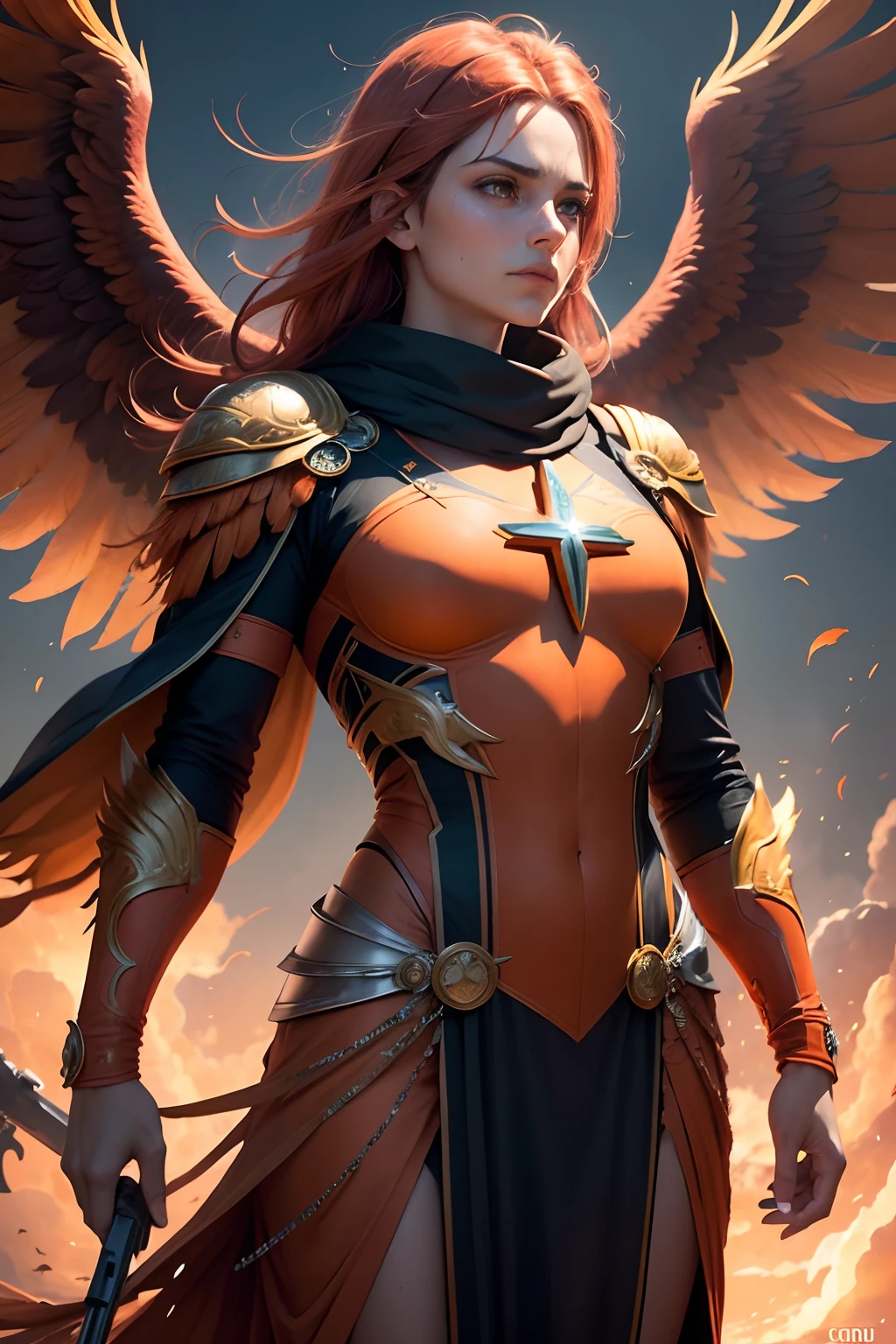 A realistic 4K phoenix with orange feathers, with a serious expression and looking forward, corpo inteiro.Jesus, tiro de corpo inteiro, Olhos firmes, olhando para frente, Lightning in the sky, arms extended, olhando para frente, parado no topo de uma montanha, manto e capa vermelhos, Shining cross in the airA realistic 4K phoenix with orange feathers, with a serious expression and looking forward, corpo inteiro.