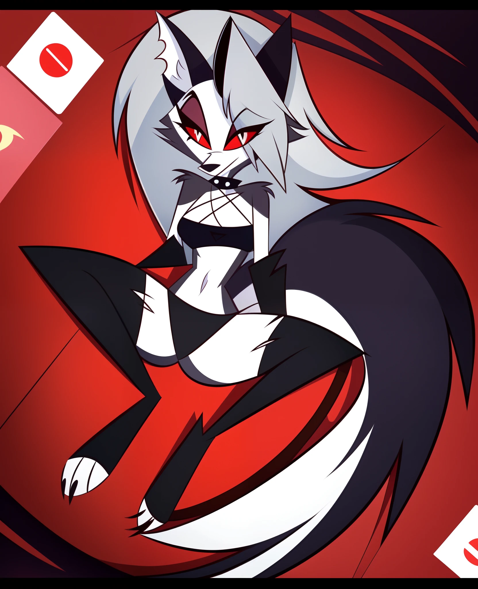 (Vivziepop style), anthro, canid, canid demon, demon, female, hellhound, helluva boss, instagram, (loona), mammal, official art, red sclera,  solo, long grey hair, (by vivzmind), legs spread, black panties