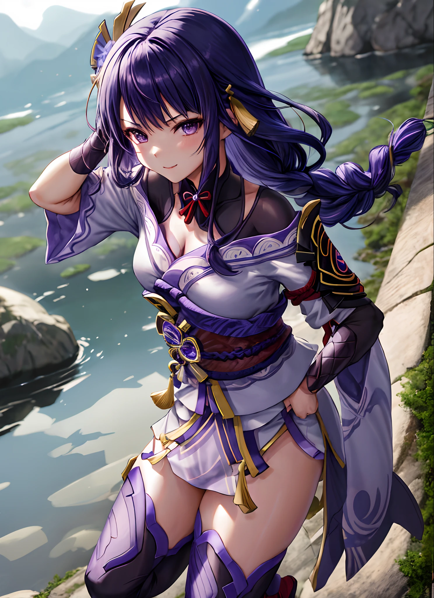 Anime style, 1girl, medium breasts, purple hair, blue eyes, kimono top, kunoichi, in a forest in front of a river, full body, holding a kodachi in both hands
BREAK (masterpiece:1.2), best quality, high resolution, unity 8k wallpaper, (illustration:0.8), (beautiful detailed eyes:1.6), extremely detailed face, perfect lighting, extremely detailed CG, (perfect hands, perfect anatomy),