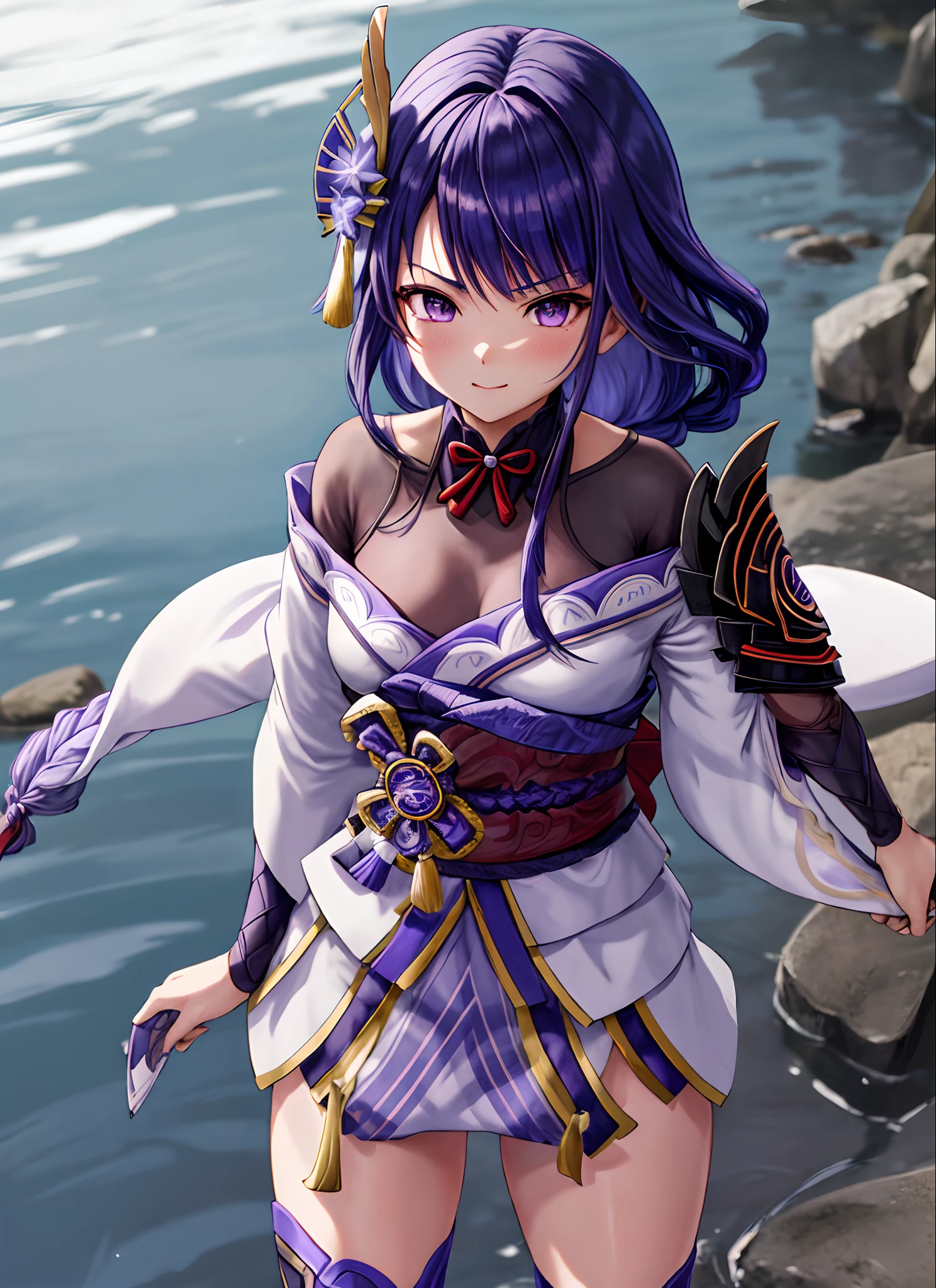 Raidenshogundef, parte superior do corpo, sorrir, corar, ao ar livre, dia, fundo simples, blue skies, cabelo longo, heaven, templo, olhando para o espectador, escadas, praia formosa, (Ela usa um bikini roxo), grumpy lighting, de frente para o espectador, Sorriso lindo, Kinematic, pose dinamica de batalha com katana, Katana in right hand, correct anatomine with katana in right hand, (Katana longa grande)