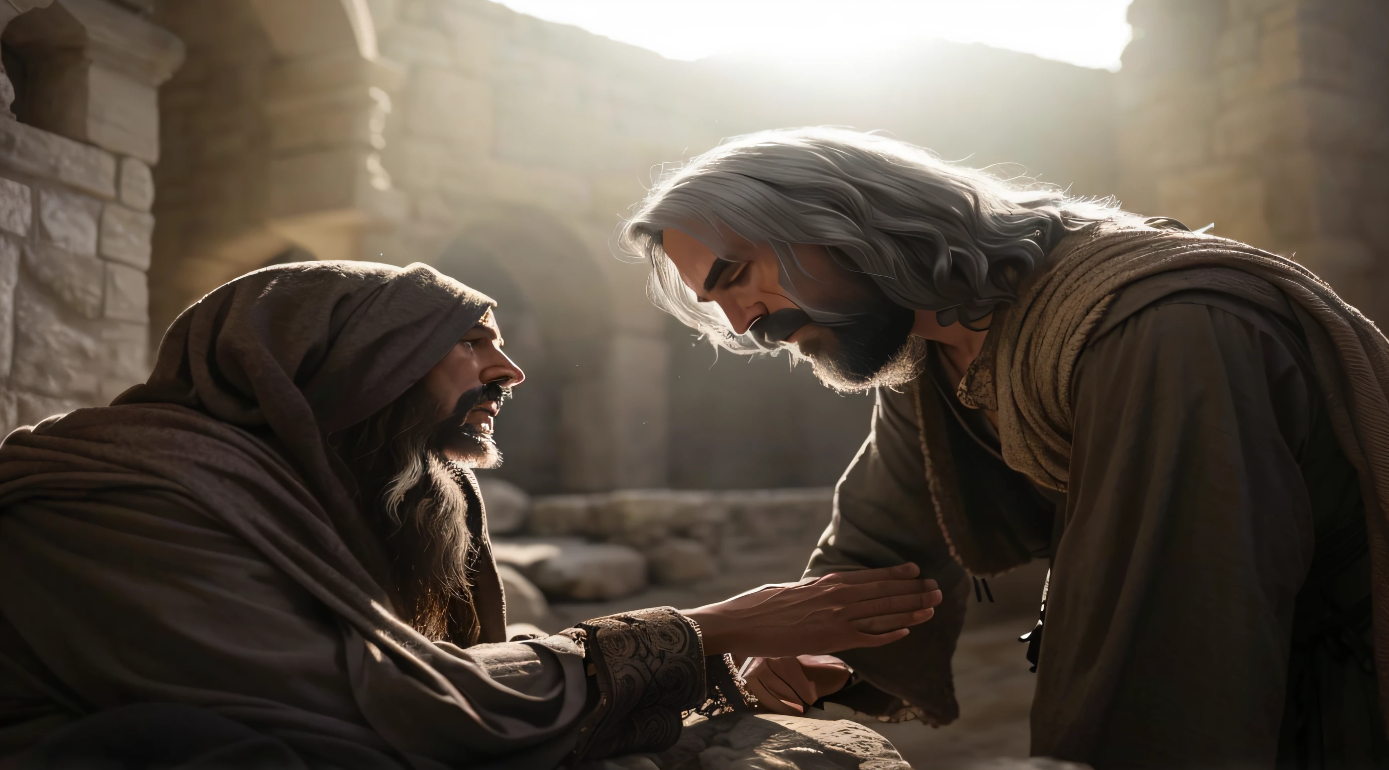 Old Jesus with white hair and white beard is talking to a man in a stone building,  A cena mais bonita, bela cena, # Film, fim ainda, cena do Filme live action, cena maravilhosa, Still of a cinematographic and live action, 16384k Filme, Still of the cinematographic and, Jesus bem velho de barba branca e cabelo branco