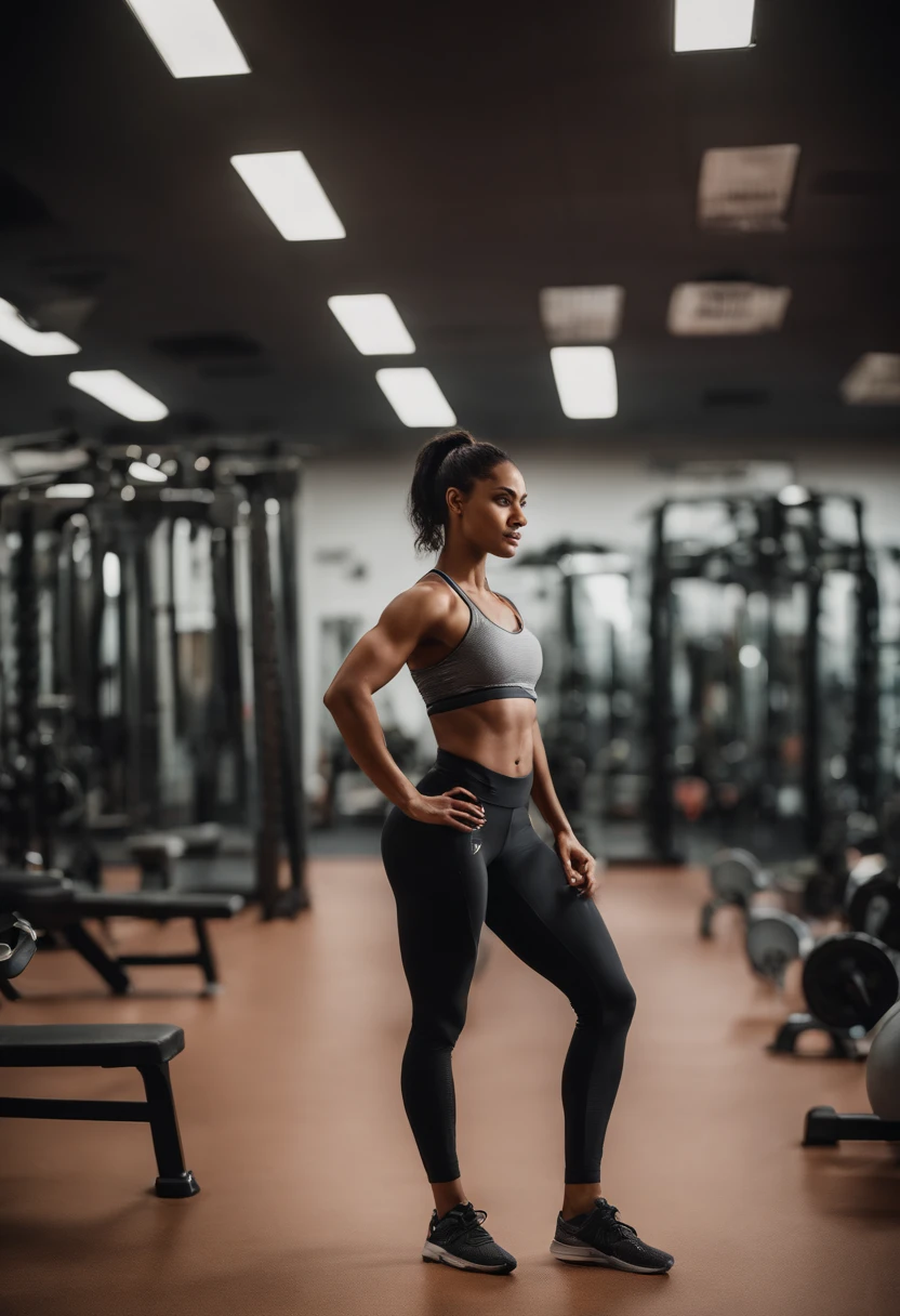 Visualize uma jovem indiana, usando roupas transparentes molhadas, Standing confidently in a modern gym. She is surrounded by various training equipment and weights. His determined expression and focused posture reflect his dedication to his fitness journey. In the background, Motivational posters and mirrors contribute to the energetic atmosphere of the gym. This image captures the essence of a fitness enthusiast in an Indian environment, inspiring others with their commitment to a healthy lifestyle.