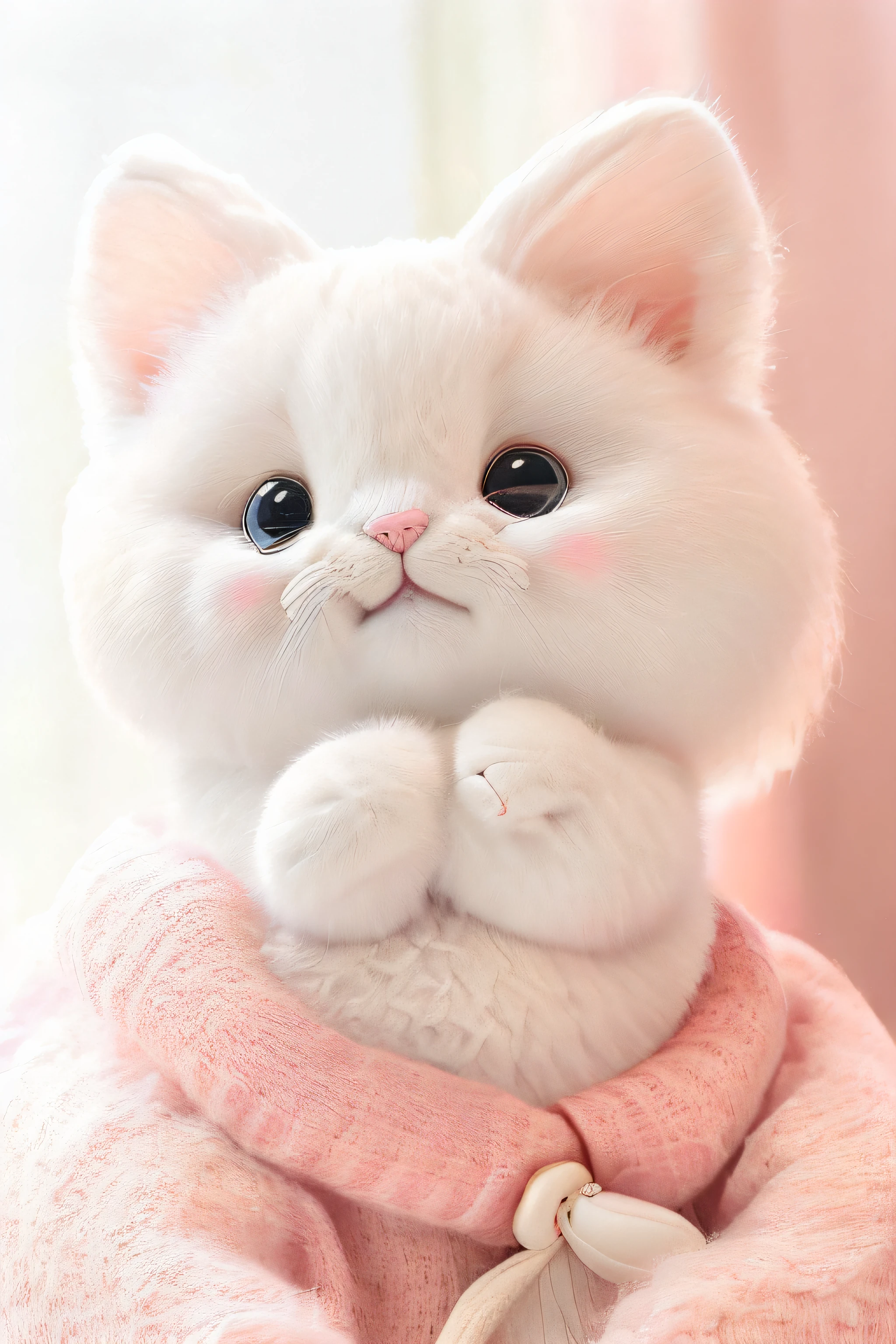There is a white cat sitting in bed, plushies, plushies, white cat in a pink dress, cute toy, plushies, Cute cat, stuffed toy, plushies, 3D precious moment stuffed cat, plush mascot, Detailed picture, the detailed images, highly_Detailed!!, highly detailed closeup, close up details, Cute cat, Very detailed picture、Logo image