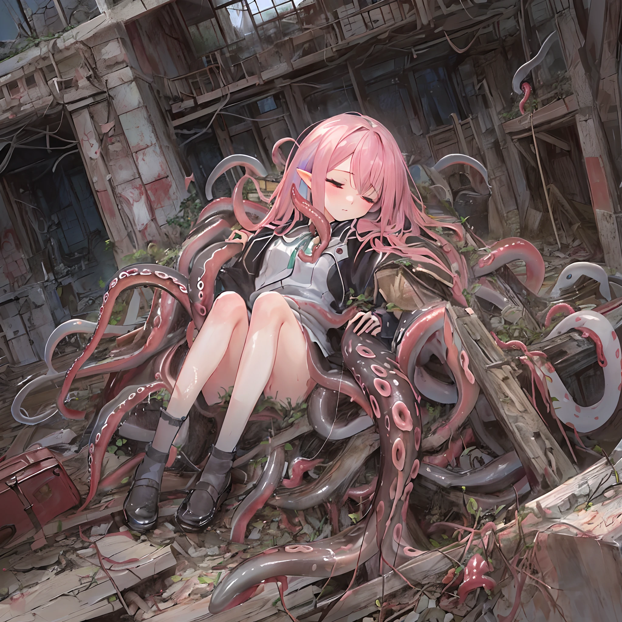 absurderes, hight resolution, (Anime style:1.1), ((masutepiece)), ((Best Quality)), (Ultra-detailed), (Beautiful), 独奏, Beautiful face、(liftup),Cute girl lying on her back in a dirty ruin,Wind,Pink hair, Fine red eyes,(fullnude:1.4),Ephemeral,Closed eyes,Looking at Viewer,Dramatic、(full body Esbian)、low angles、(12year old:1.6)、(tentacles, Tentacle Sex, vaginal:1.2)、(Love Juice)、from the rear