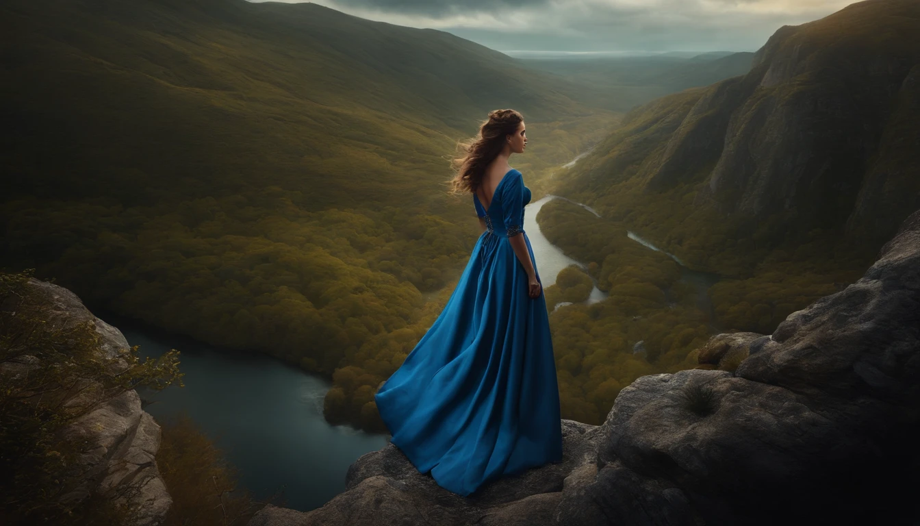 Arafed woman in blue dress standing on a cliff overlooking a river, cinematic photograph concept art, dramatic cinematic shot, Fantasia sombria misturada com realismo, atmosfera de fantasia sombria, eerie moorlands behind her, intricate and epic composition, dramatic matte painting, fotografia de fantasia, dramatic fantasy art, fotografia de fantasia realista, Arte de fantasia enevoada mal-humorada, dramatic backgroung, foto de retrato de pintura fosca