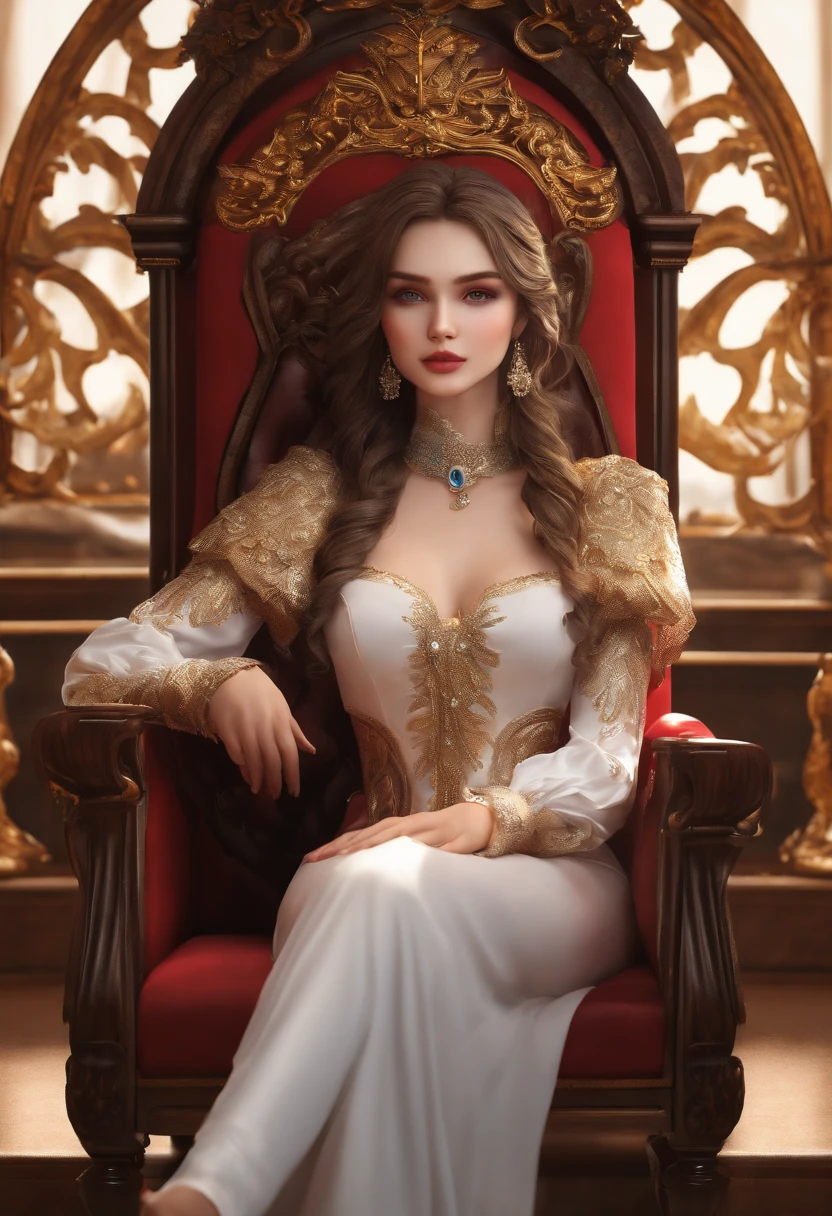 a queen in a medieval european empire style, beautiful intricate crown, elegant flowing gown, regal posture, ornate throne room background, warm lighting, photorealistic, highly detailed, 8k, dramatic lighting, dramatic colors, cinematic composition