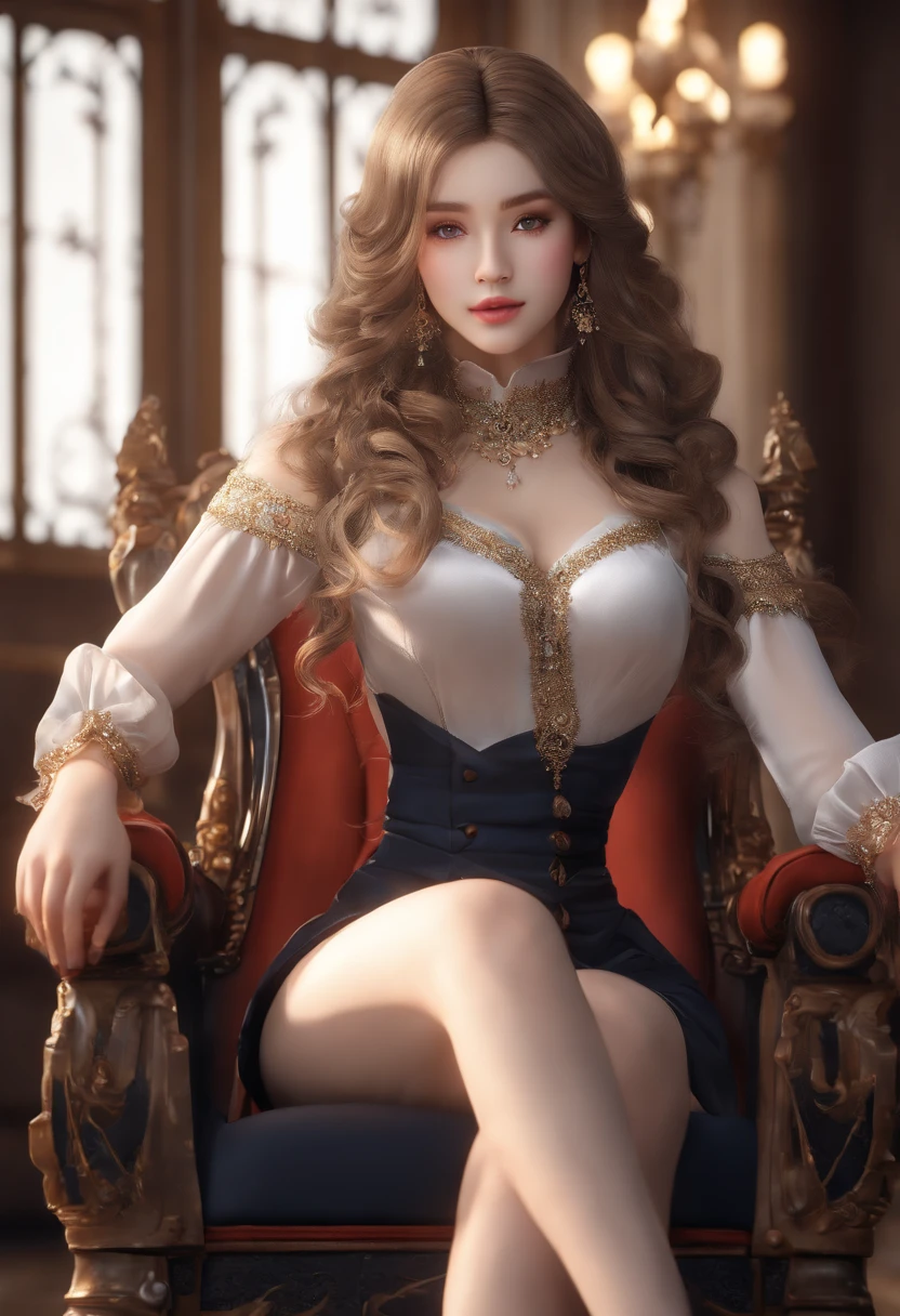 anime character(sitting on a chair),(best quality,4k,8k,highres,masterpiece:1.2),ultra-detailed,realistic,portrait,vivid colors,studio lighting,beautiful detailed eyes,beautiful detailed lips,long eyelashes,imposing presence,grandeur,glamorous outfit,detailed hair,delicate facial features,calm expression,throne-like chair,spectacular background