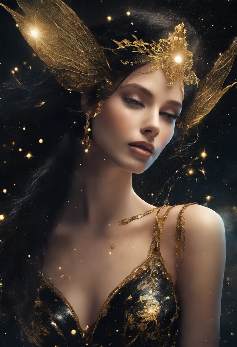 close-up of a young woman wearing a black dress and gold liquid, liquid gold with porpurine, shiny, pretty face, detailed eyes, soft lips, floating in outer space and planets in the background, fluid, wet, dripping, waxy, smooth, realistic , octane rendering