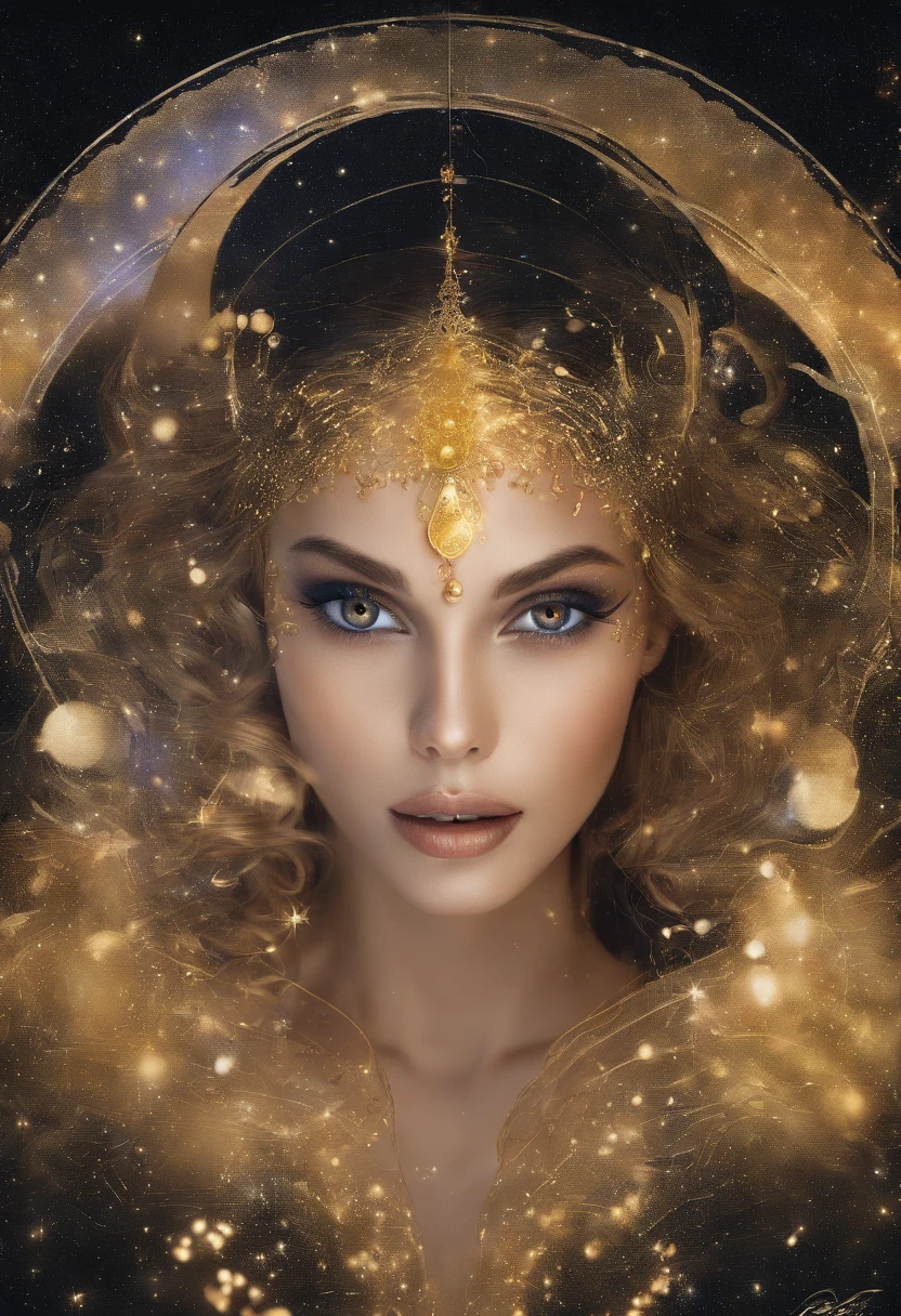 close-up of a young woman wearing a black dress and gold liquid, liquid gold with porpurine, shiny, pretty face, detailed eyes, soft lips, floating in outer space and planets in the background, fluid, wet, dripping, waxy, smooth, realistic , octane rendering