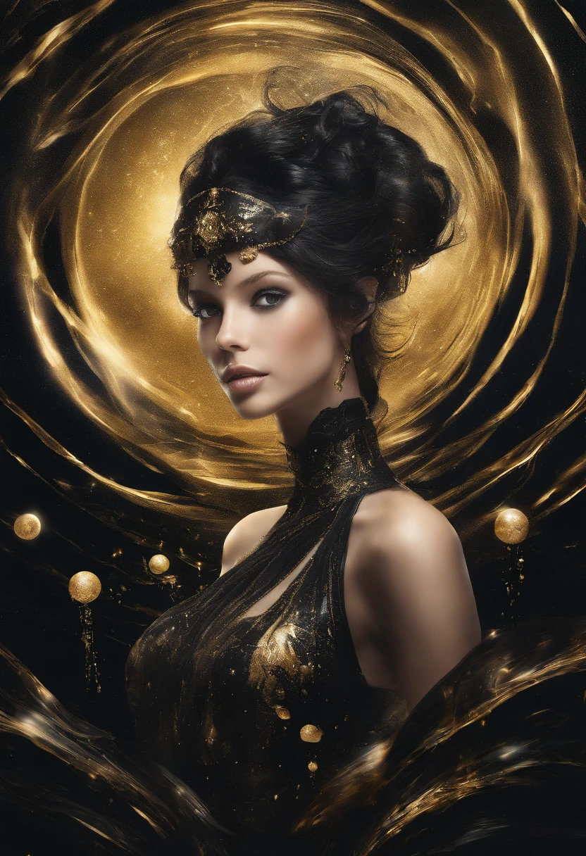 close-up of a young woman wearing a black dress and gold liquid, liquid gold with porpurine, shiny, pretty face, detailed eyes, soft lips, floating in outer space and planets in the background, fluid, wet, dripping, waxy, smooth, realistic , octane rendering