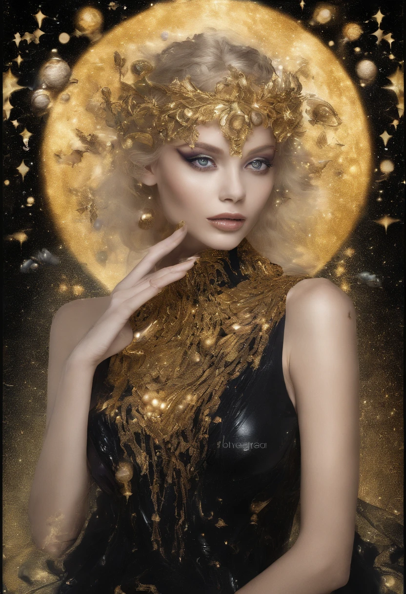close-up of a young woman wearing a black dress and gold liquid, liquid gold with porpurine, shiny, pretty face, detailed eyes, soft lips, floating in outer space and planets in the background, fluid, wet, dripping, waxy, smooth, realistic , octane rendering