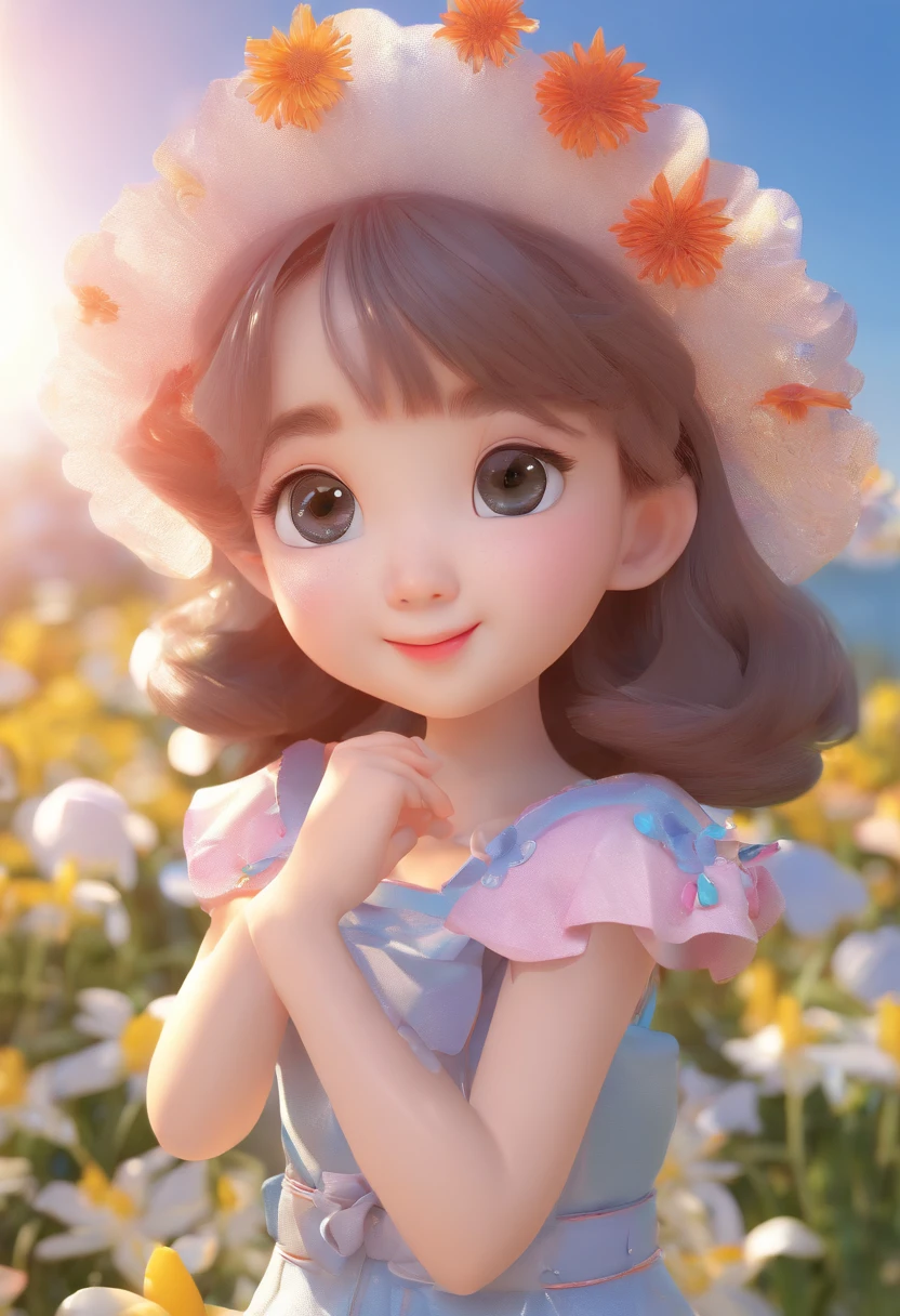 super cute girl IP by pop mart, eyes with brightness, cherub,Small long skirt, Morning,Glorious sunshine,Glossy and delicate,Flower sea background, a 3D render