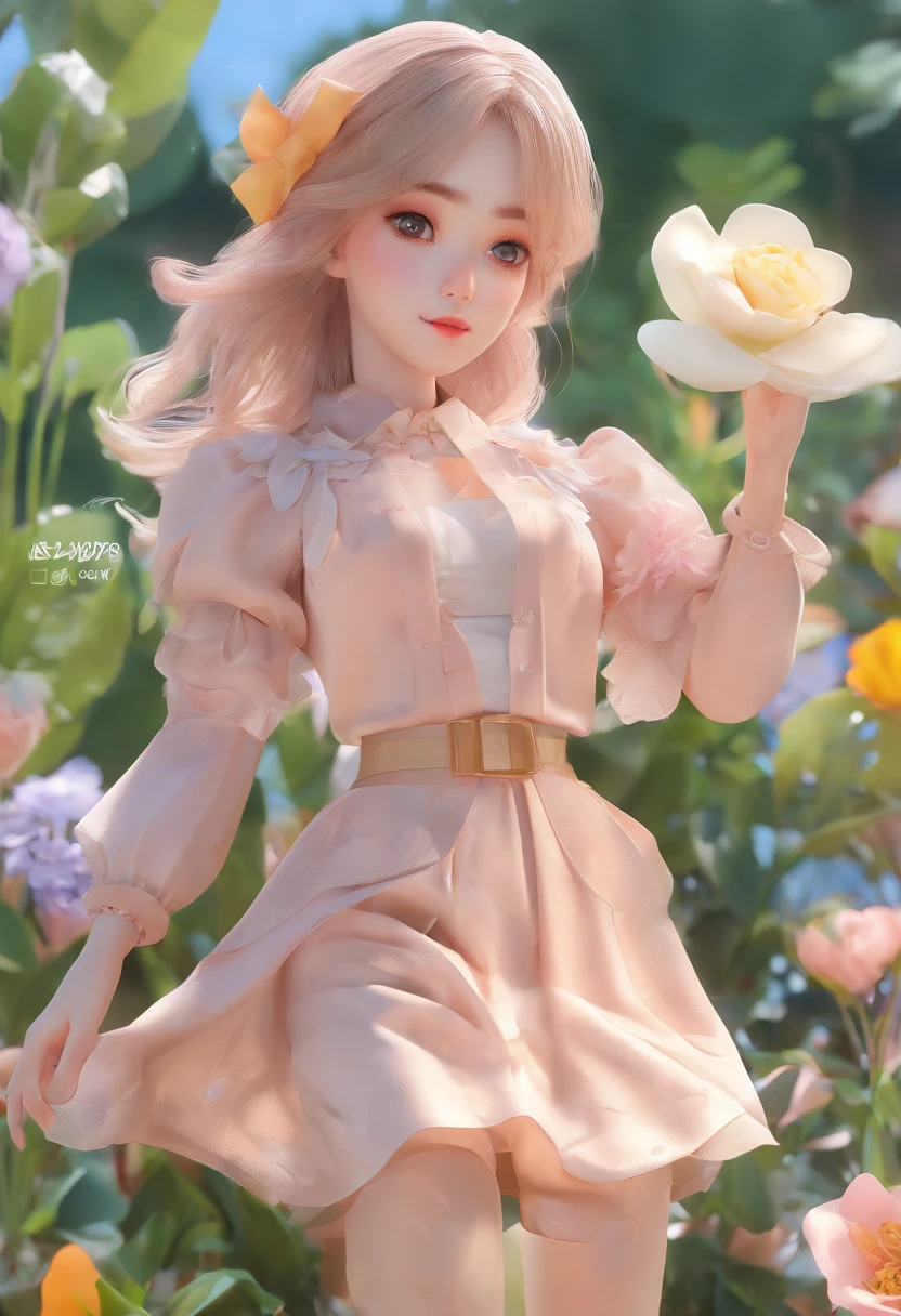 super cute girl IP by pop mart, eyes with brightness, cherub,Small long skirt, Morning,Glorious sunshine,Glossy and delicate,Flower sea background, a 3D render